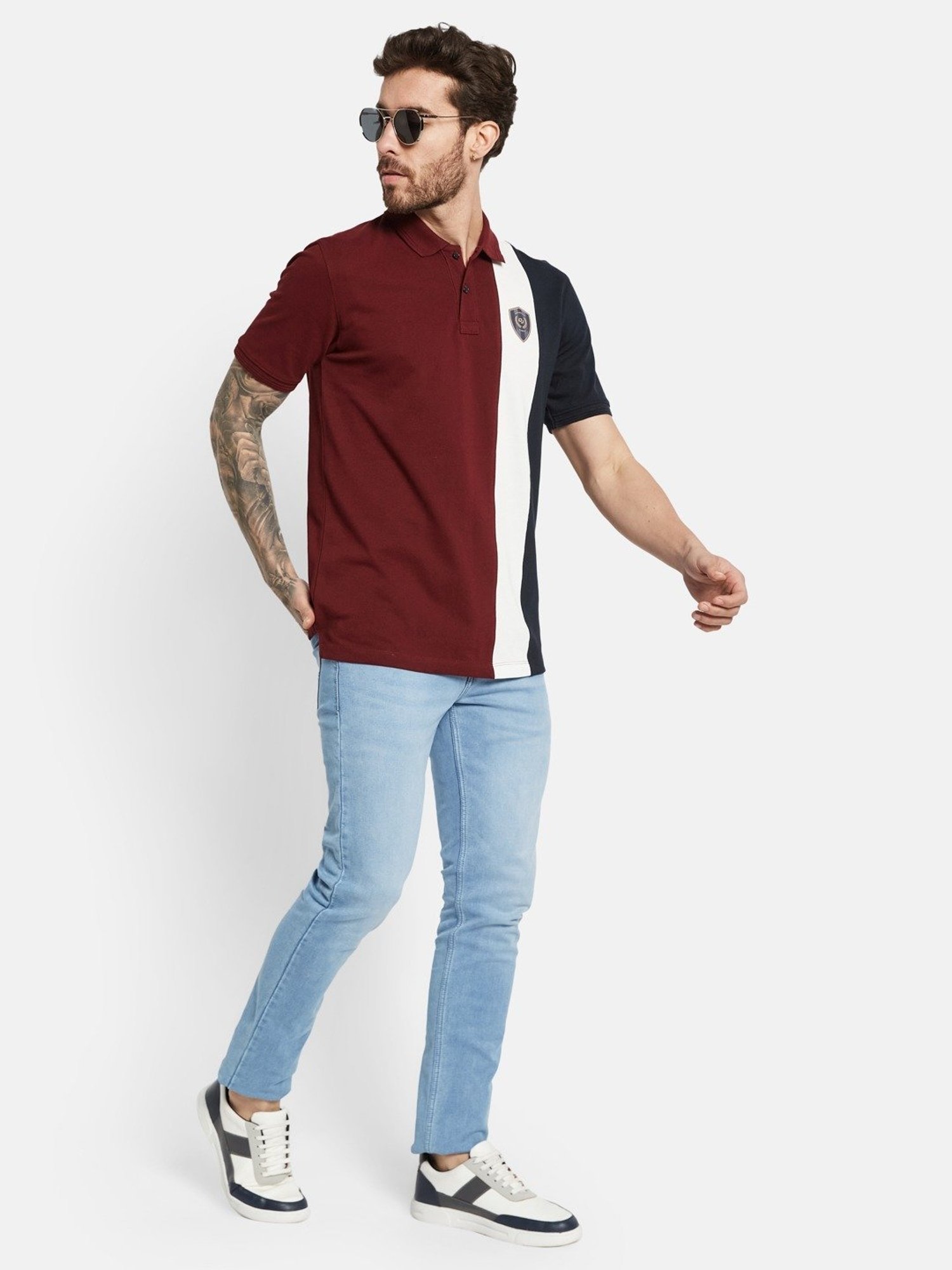 Octave Merlot Cotton Regular Fit Colour Block Polo T-Shirt