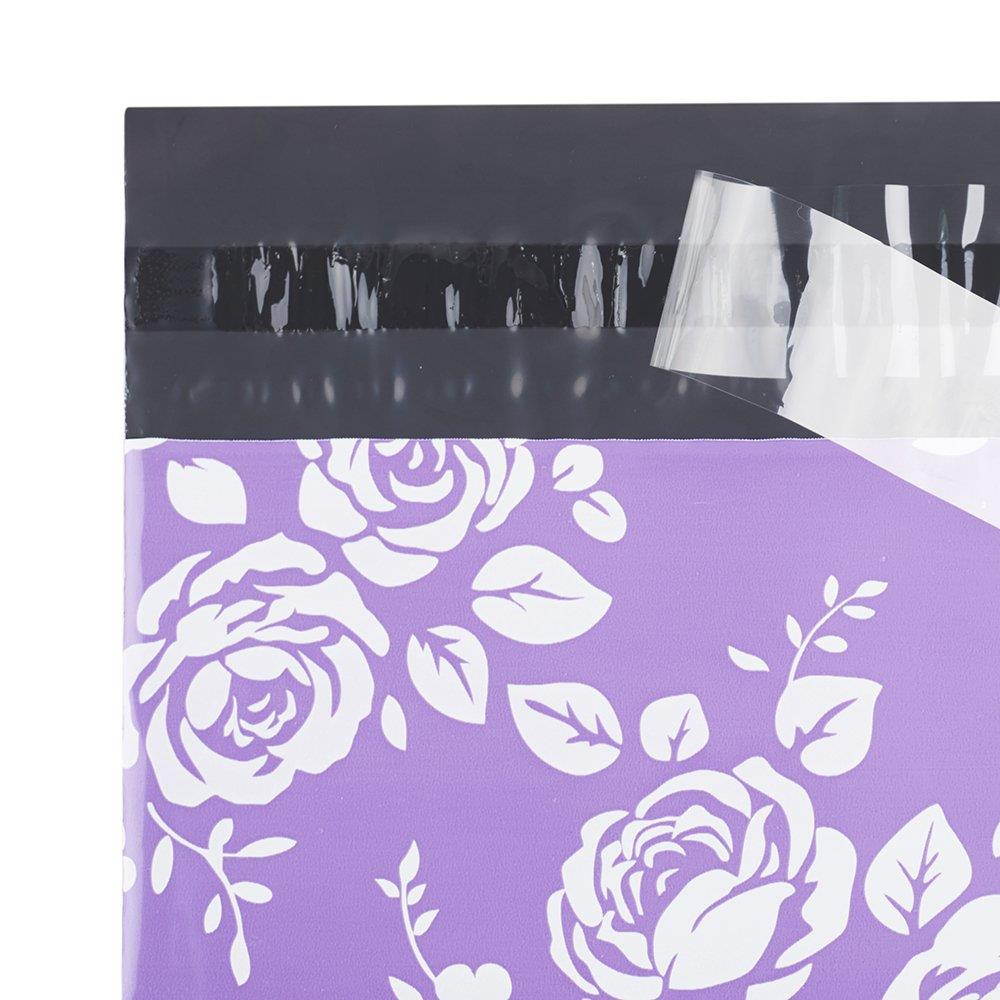 Metronic 100 10x13 Poly Mailers Envelopes Shipping Bags of Purple+White Rose Design with Self Adhesive, Waterproof and Tear-proof Postal Printed Bags