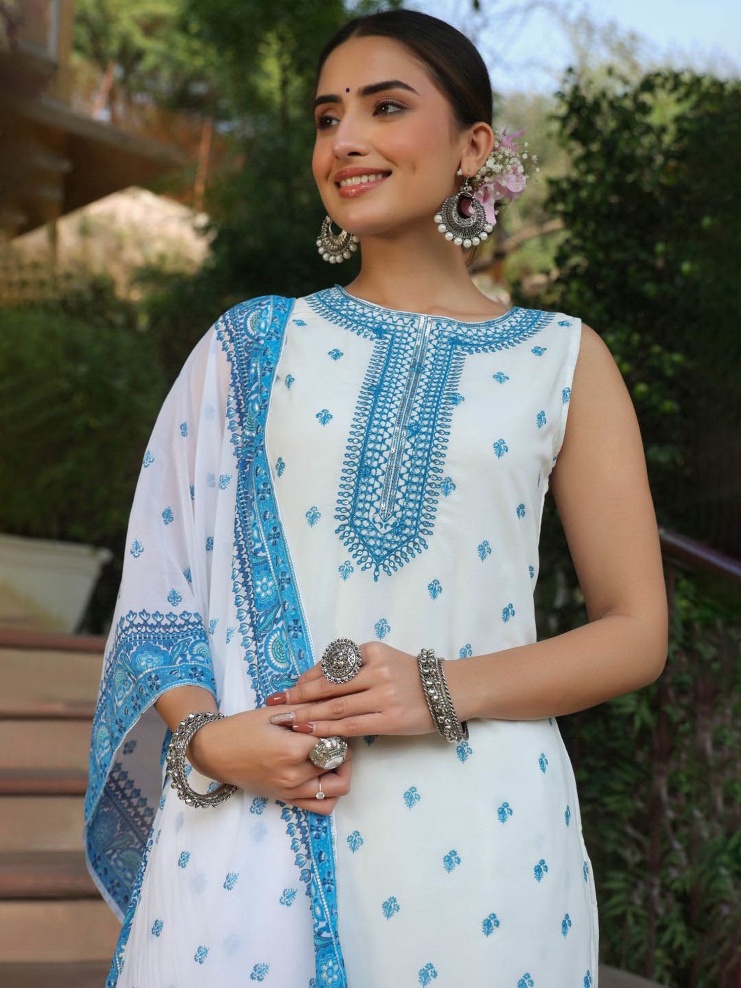 Juniper Blue Ethnic Motif Printed Georgette Kurta Sharara & Dupatta Set With Thread Work Embroidery