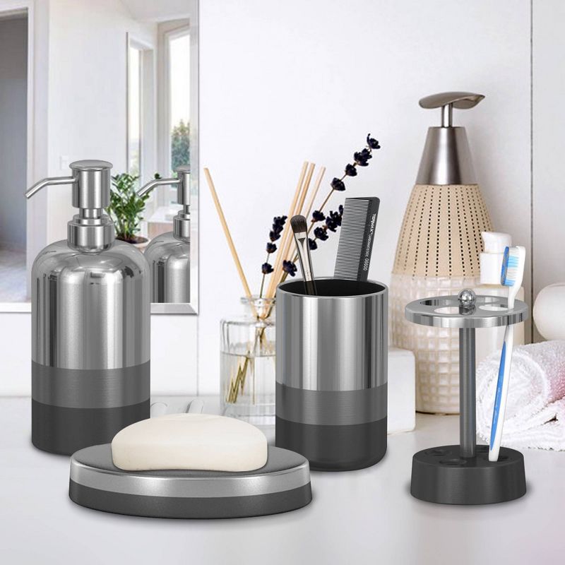4pc Triune Metal Bath Accessory Set For Vanity Counter Tops Silver - Nu Steel