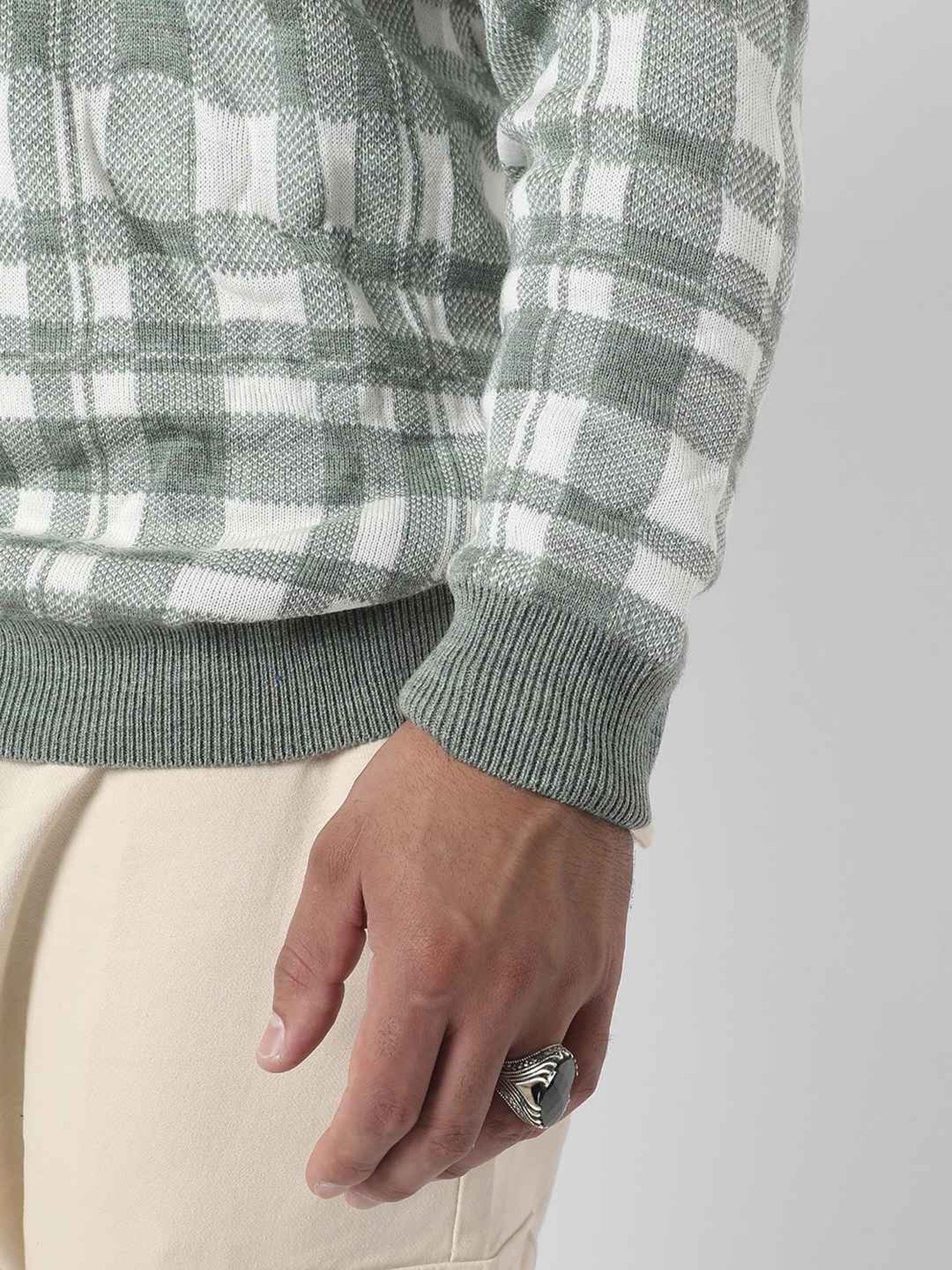 Instafab Plus Olive Green Regular Fit Checks Plus Size Sweater