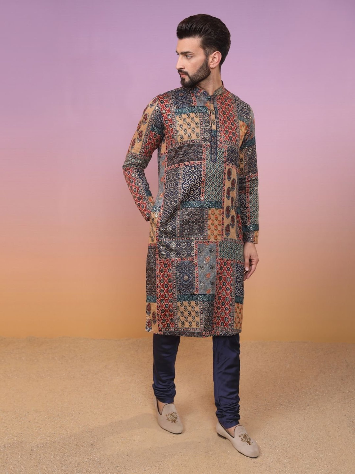 KISAH Brown & Blue Regular Fit Printed Kurta Bottom Set