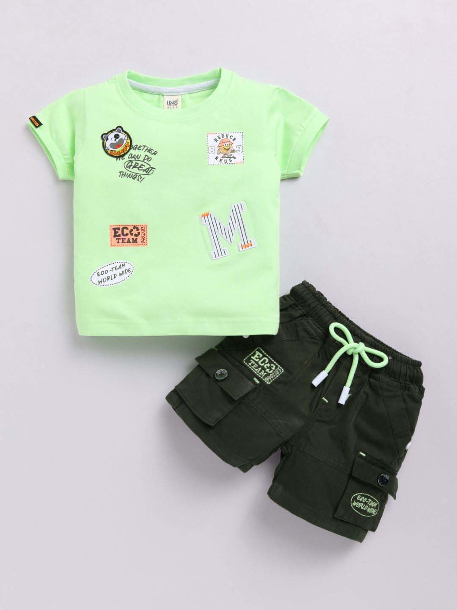 UNO KIDS Boys Green Printed Top & Short sets