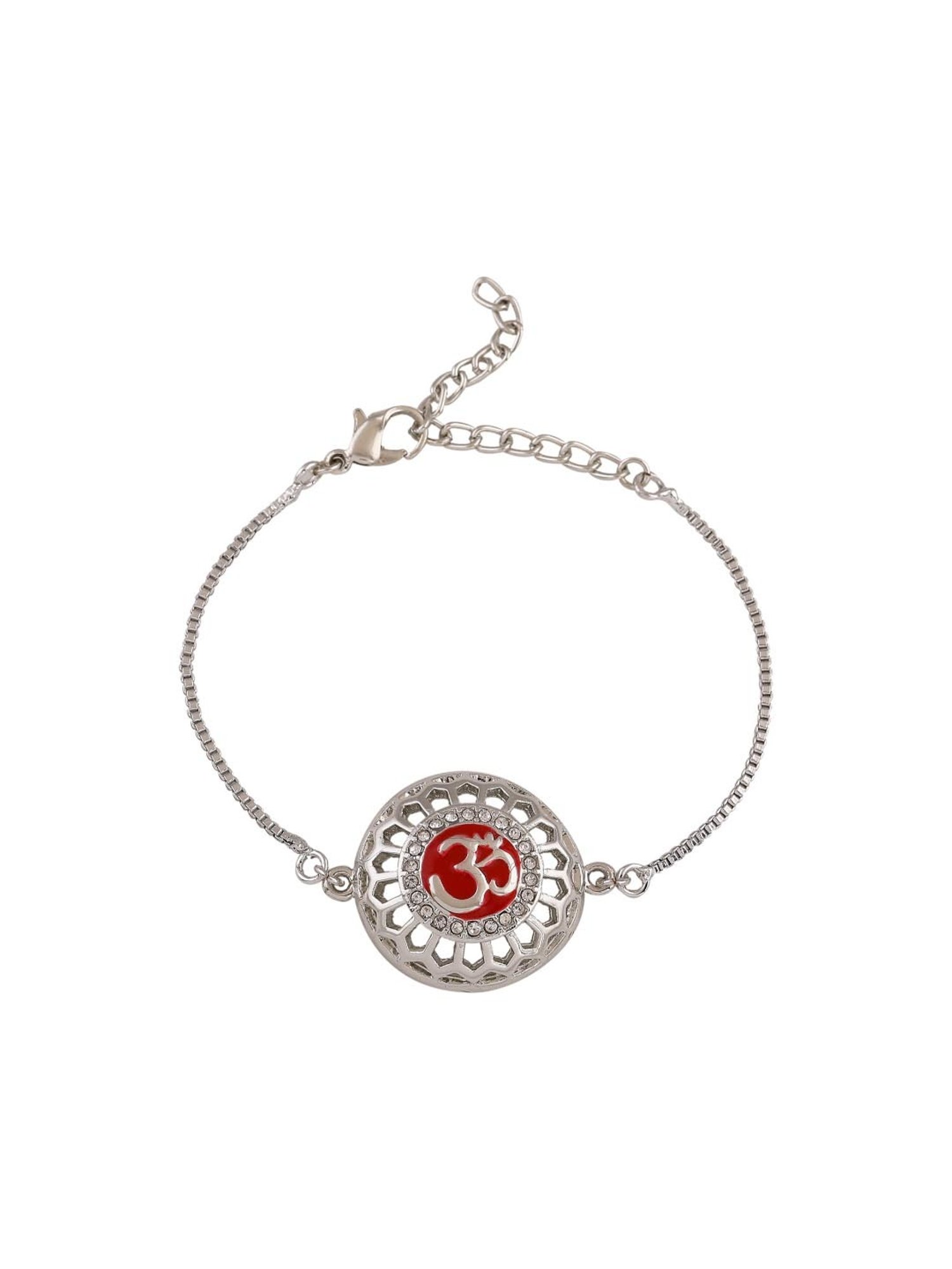 Estele Rhodium-Plated Red Enamel Om Bracelet with Crystals for Women
