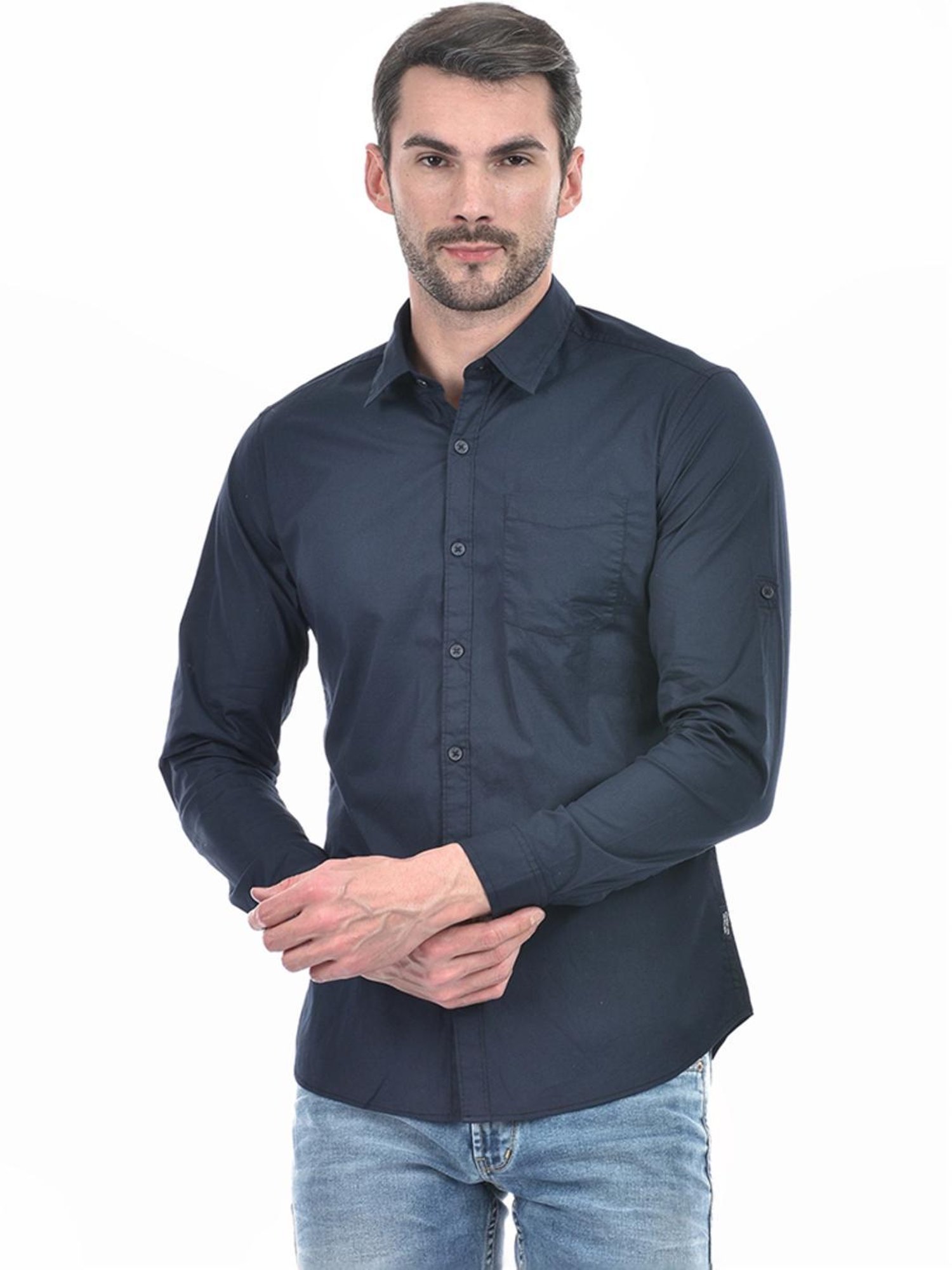 Numero Uno Navy Cotton Slim Fit Shirt