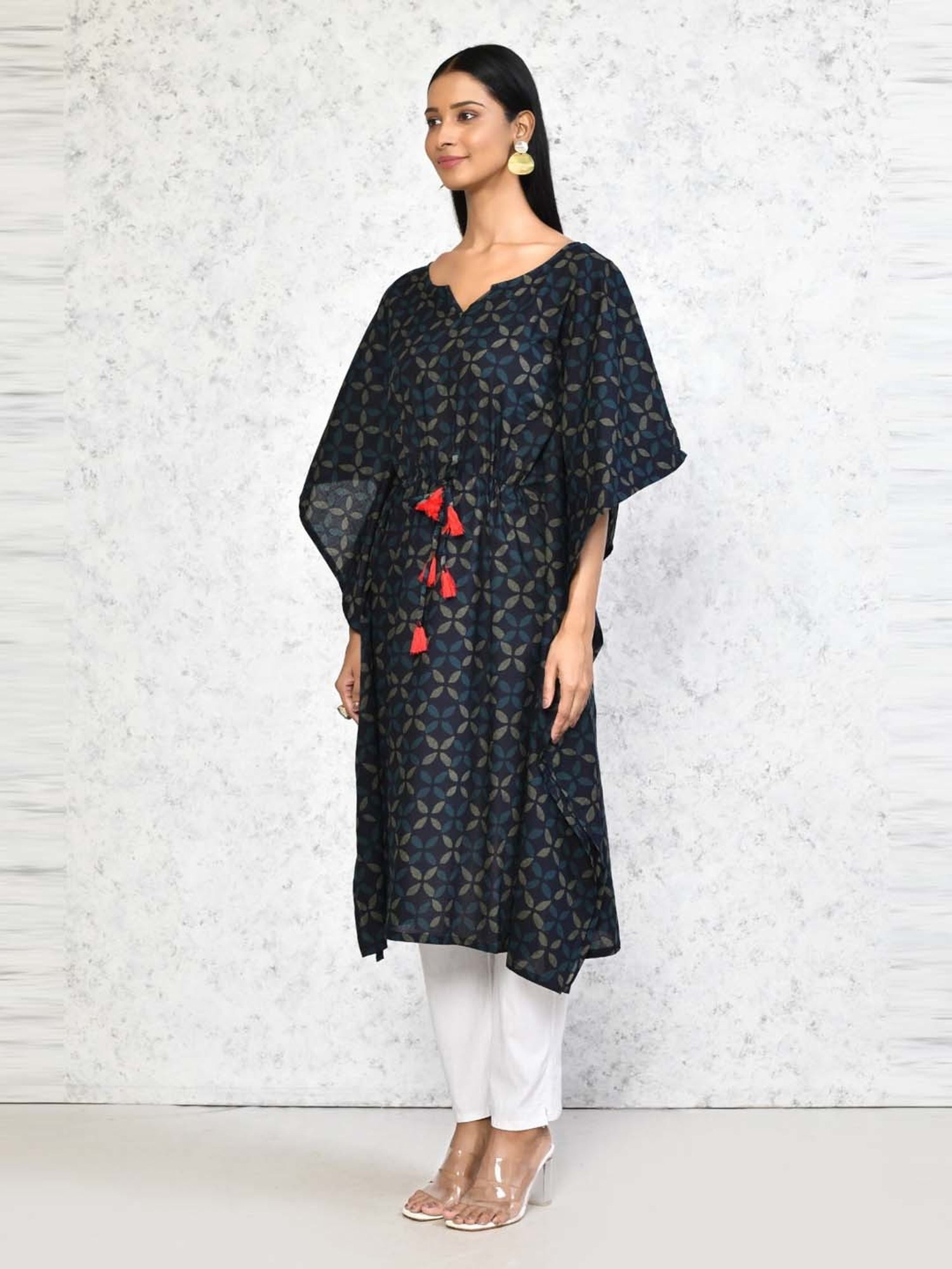 Miravan Blue Cotton Printed A Line Kaftan