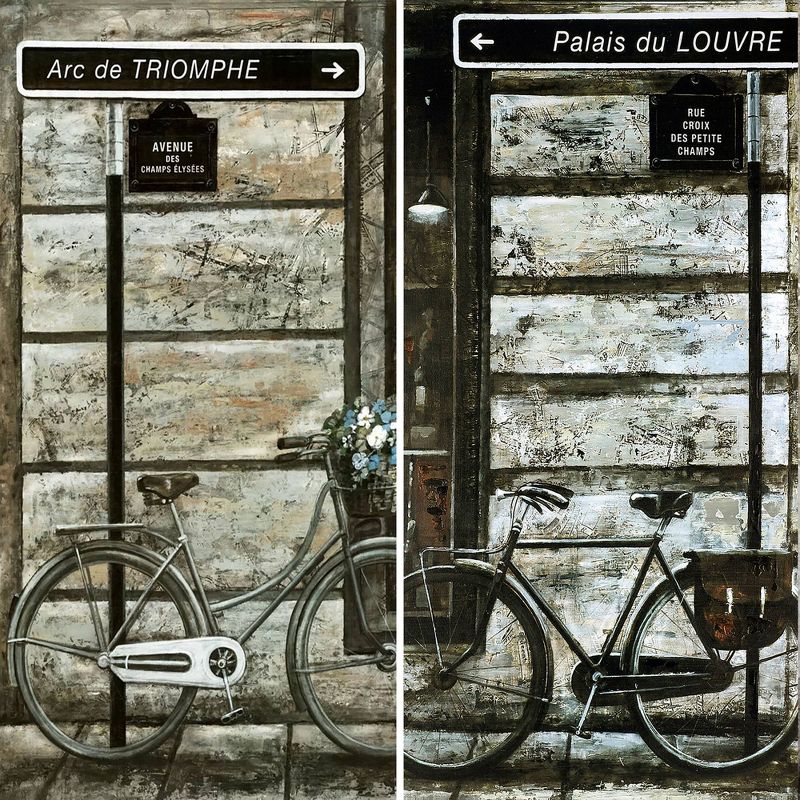 6" Double Sided Parisian Bicycles Canvas Room Divider Gray - Oriental Furniture