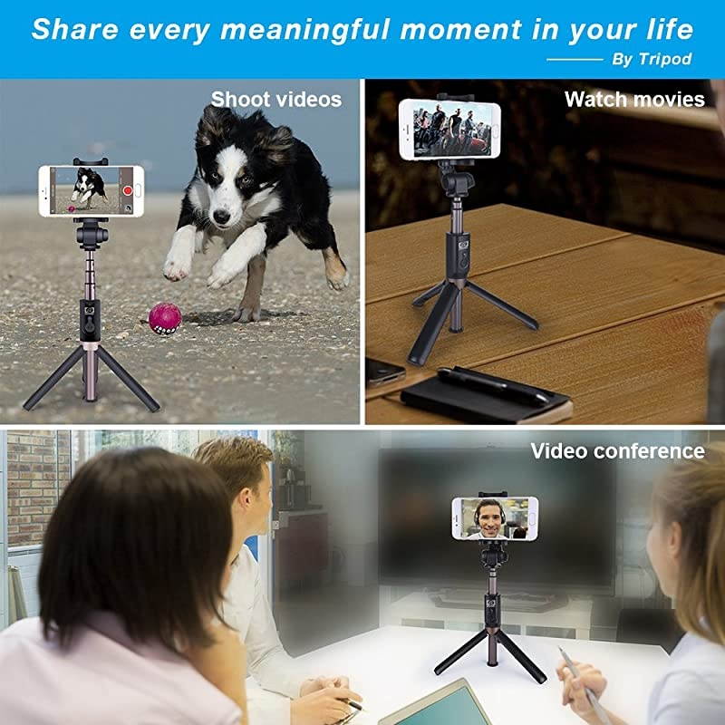 2-in-1 Extendable Selfie Stick Monopod Tripod Stand with Wireless Remote Shutter for iPhone 11/11 Pro/11 Pro Max/XS/XS Max/XR/X/8/8+, Galaxy Note 10/10+/S10/S10+, OnePlus, Huawei and More