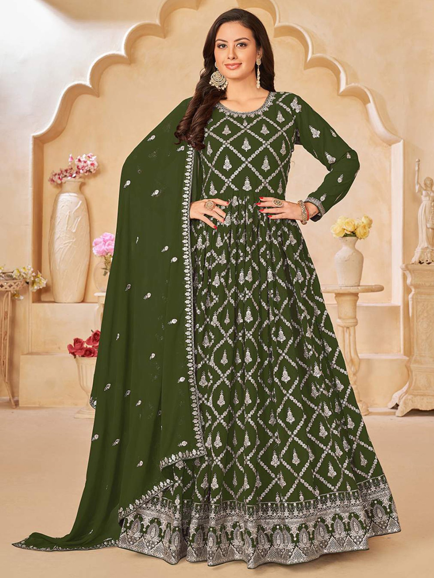 Odette Olive Green Embroidered Unstitched Dress Material