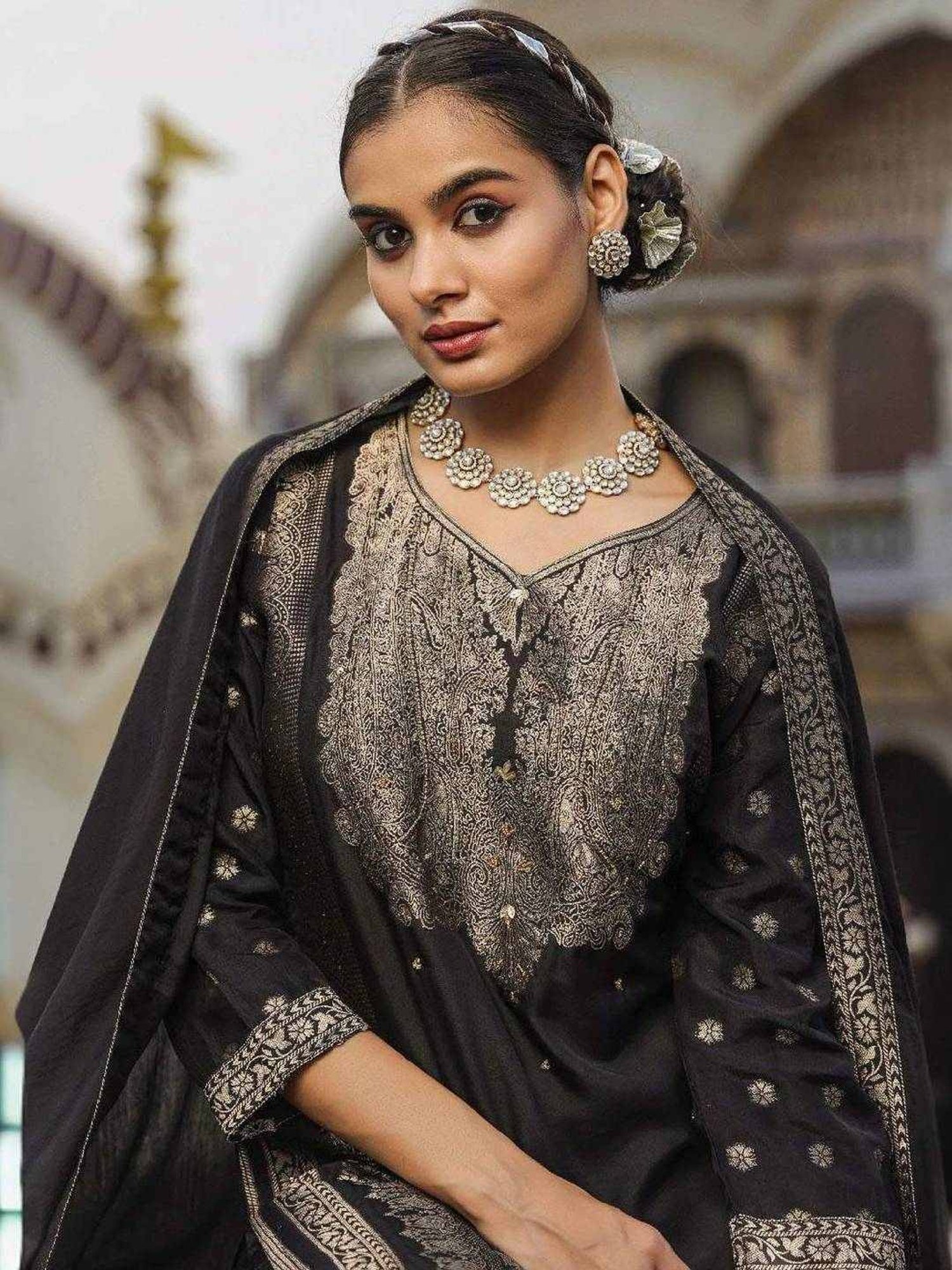 Scakhi Black Dola Silk Jacquard Embellished Kurta and Pant With Dupatta