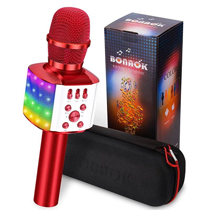 Wireless Bluetooth Karaoke Microphone with controllable LED Lights 4 in 1 Portable Karaoke Machine Speaker for AndroidiPhonePC Red