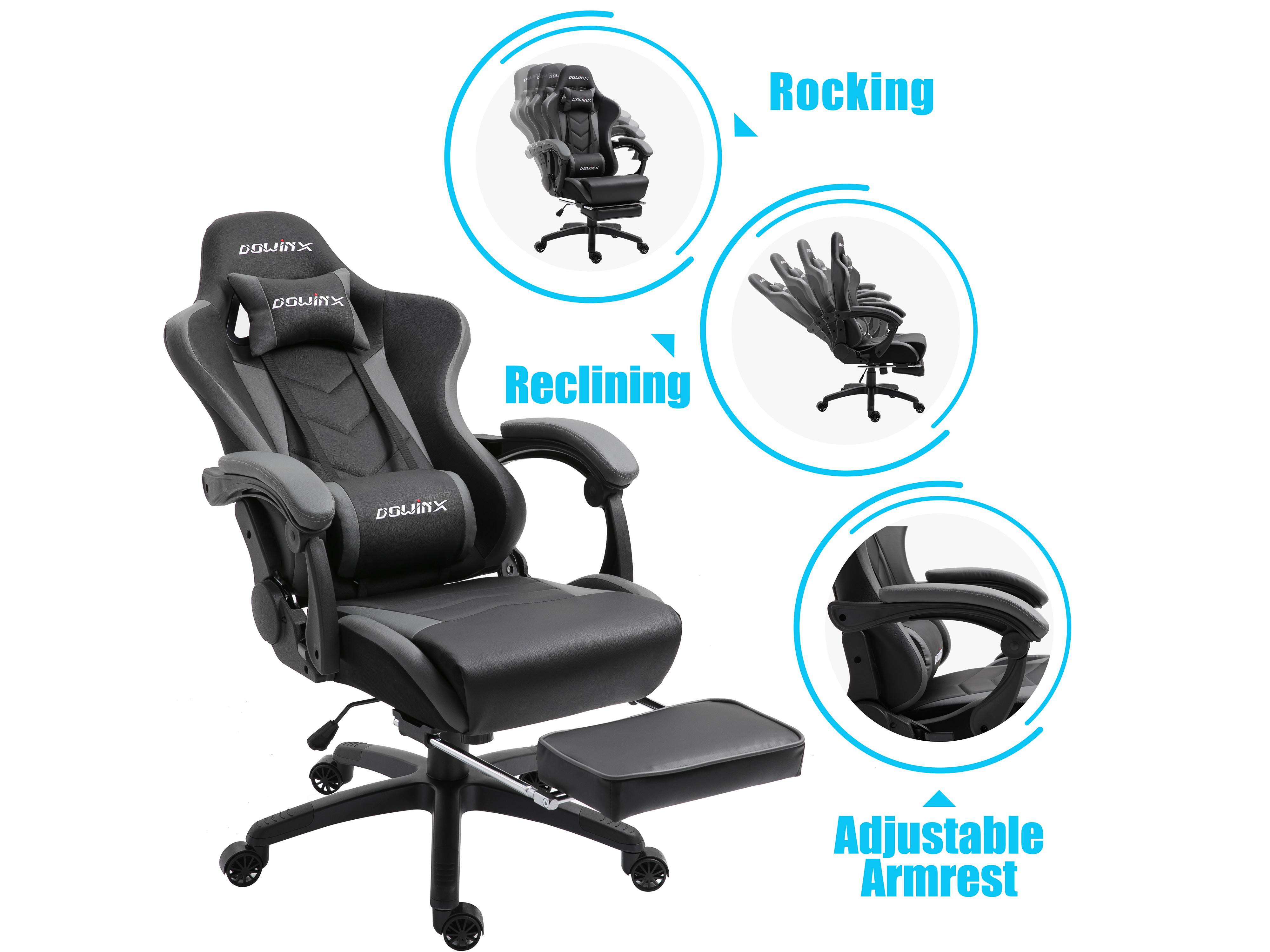 Dowinx Gaming Chair Ergonomic Office Recliner for Computer with Massage Lumbar Support, Racing Style Armchair PU Leather E-Sports Gamer Chairs with Retractable Footrest (Black&Gray)