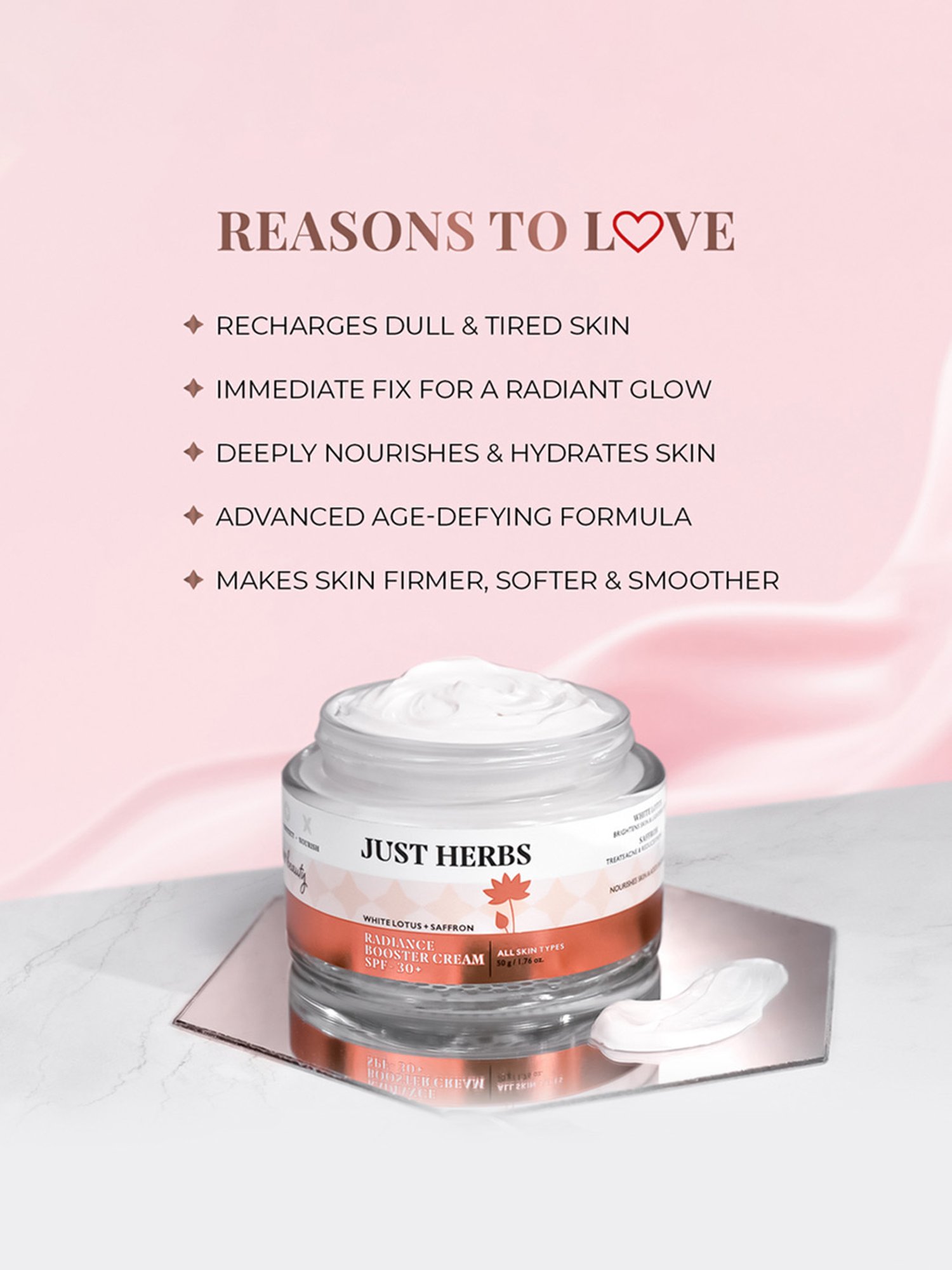 JUST HERBS White Lotus + Saffron Radiance Booster Cream with SPF-30+ - 50 gm