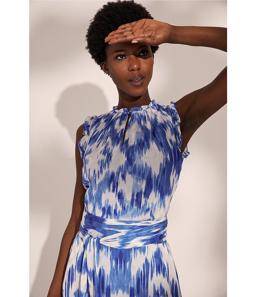 Tahari ASL Ikat Midi Ruffle High Neck Hem Self Tie Dress