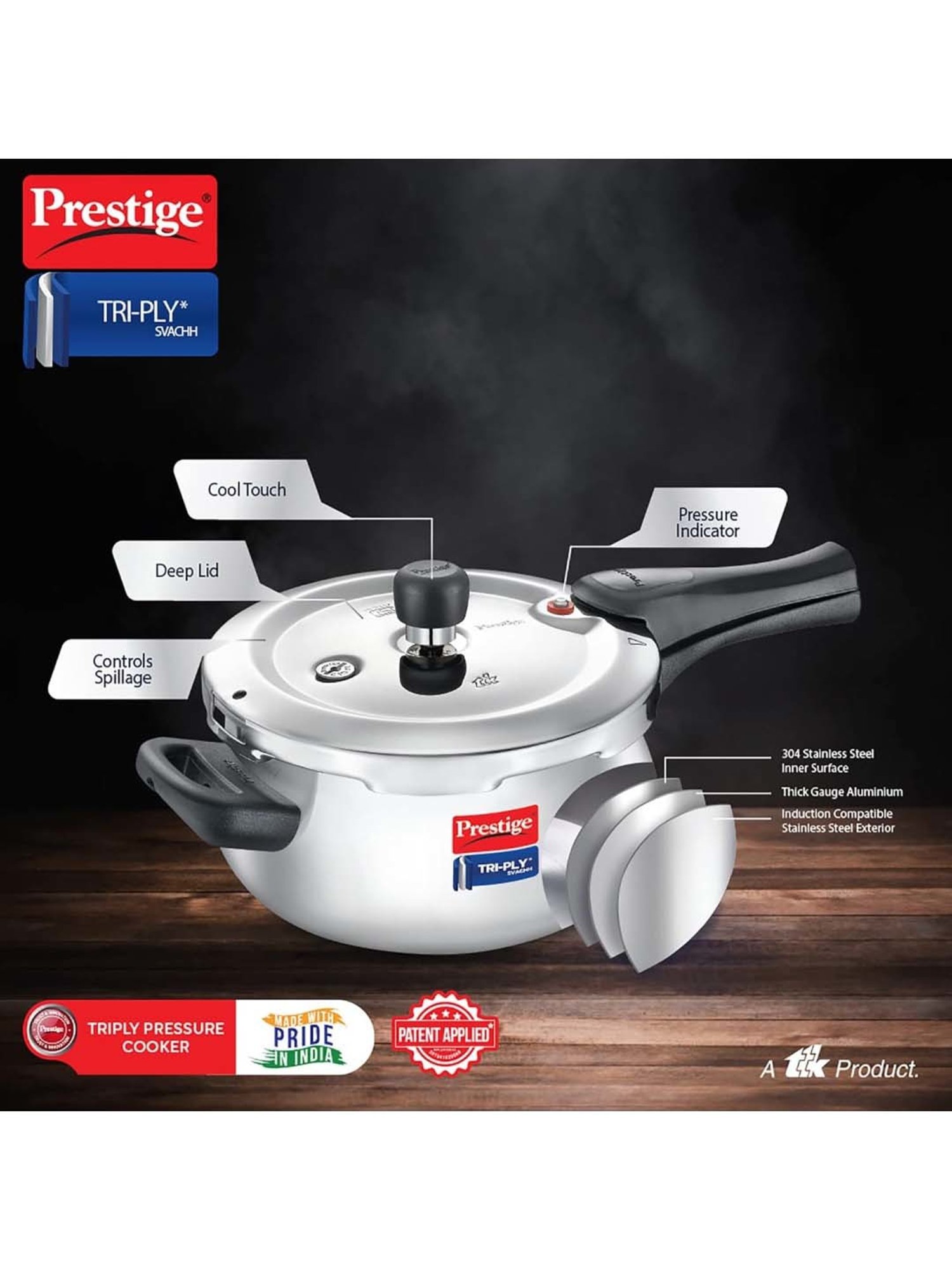 Prestige Silver And Black Stainless Steel 18 cm Svachh Handi Pressure Cooker (3 L)