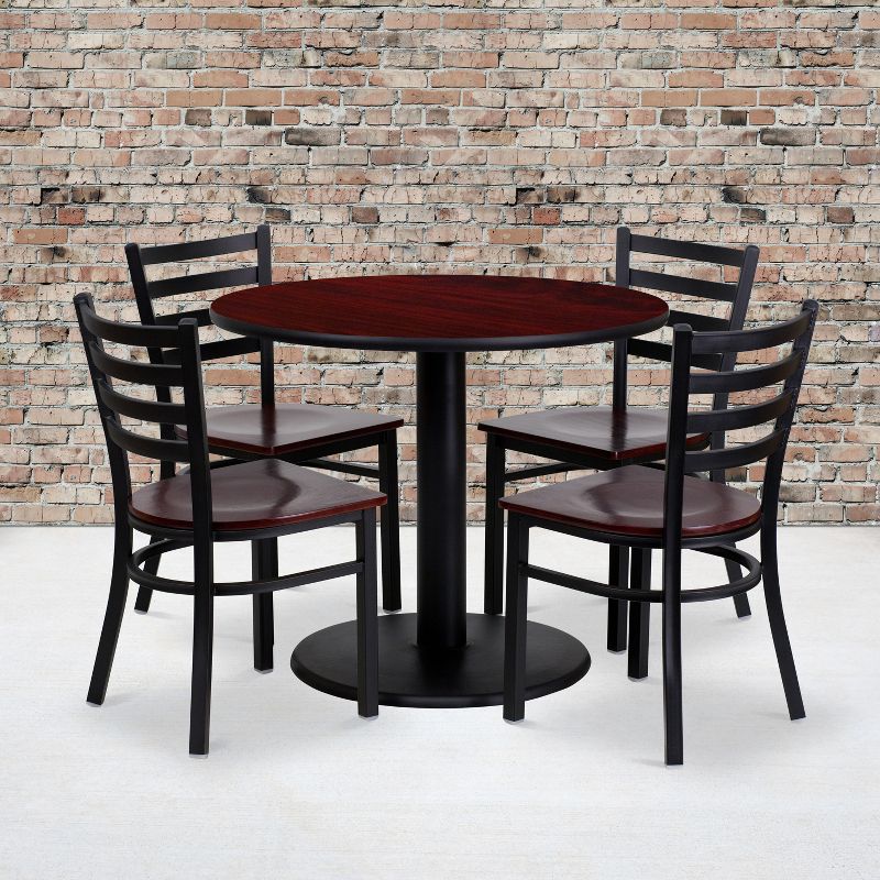 Flash Furniture 36'' Round Mahogany Laminate Table Set with 4 Ladder Back Metal Chairs - Mahogany Wood Seat