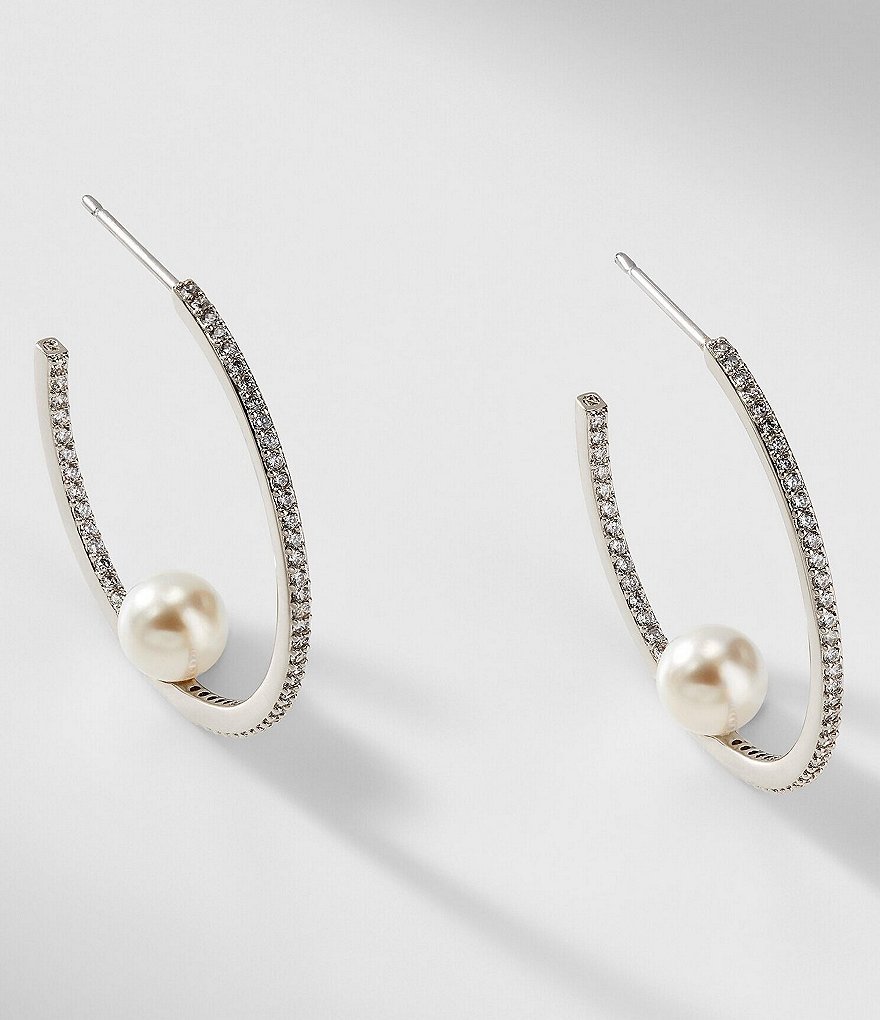 Nadri Camilla Floating Pearl and Pave Cubic Zirconia Hoop Earrings