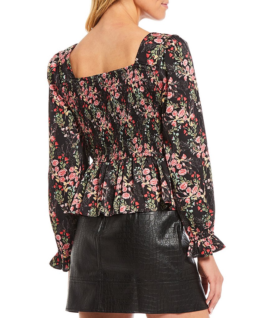 Skies Are Blue Floral Print Square Neck Long Sleeve Peplum Top