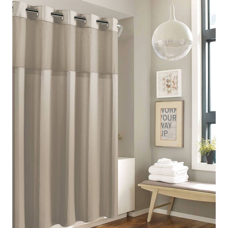 Striped Waffle Shower Curtain Beige - Hookless