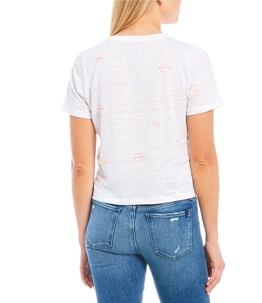 Chaser Woven Neon Embroidered Lip Crew Neck Short Sleeve Cropped Graphic Tee