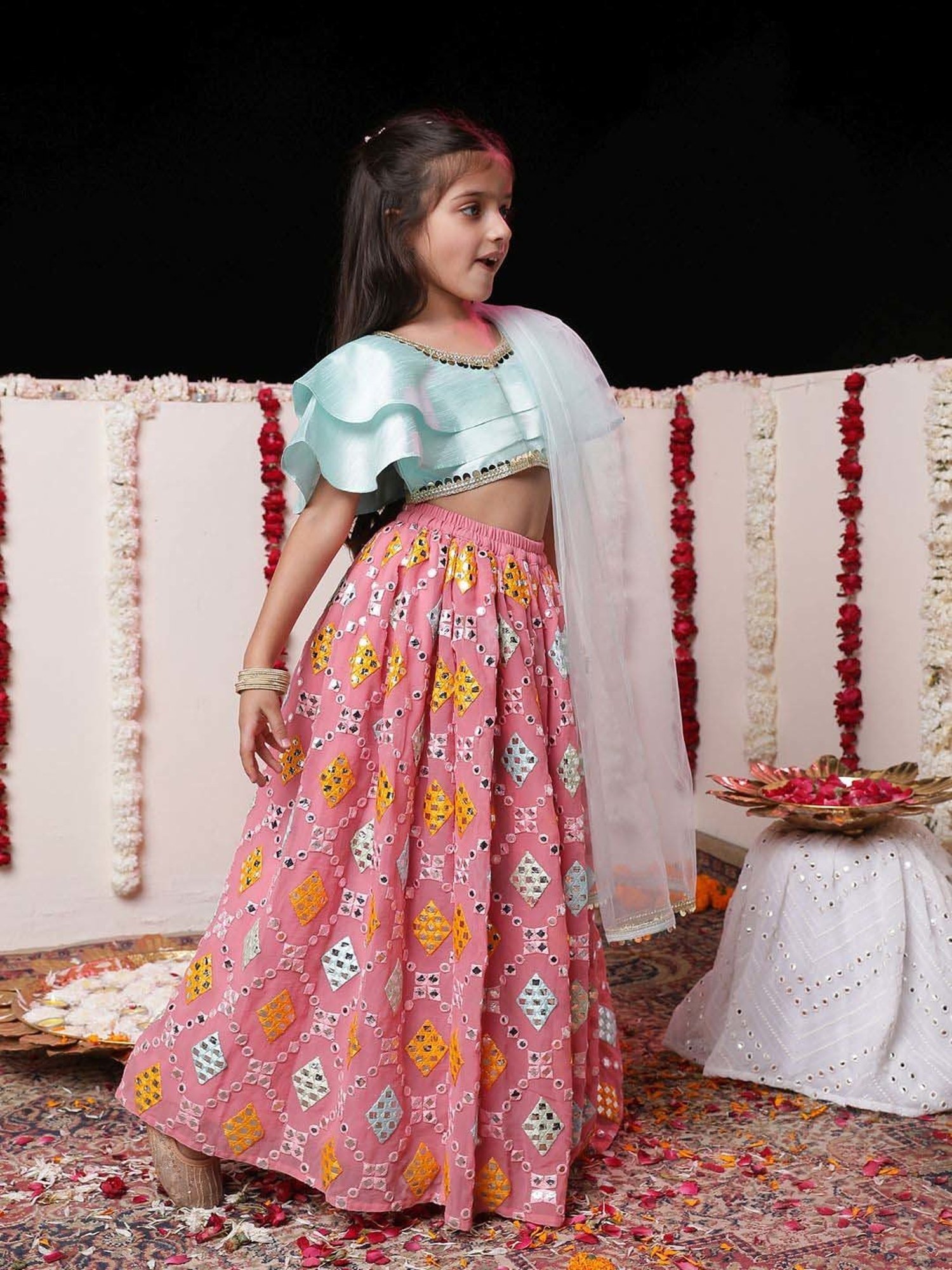 A Little Fable Kids Blue Printed Lehenga with Choli & Dupatta