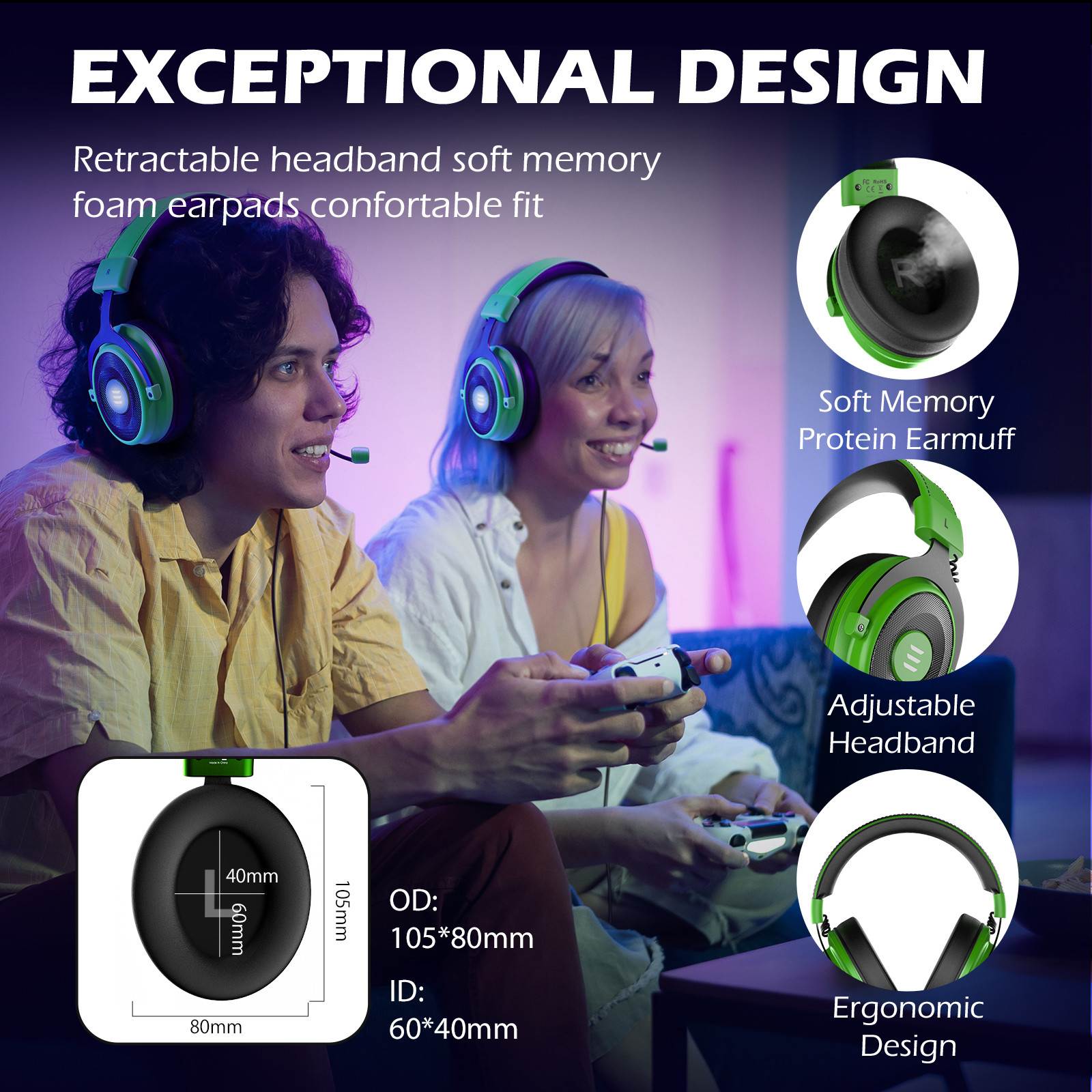 EKSA E900 Pro Gaming Headset with Detachable Microphone 7.1 Surround Sound Headset Gamer USB/3.5mm Wired Headphones For PC PS4 Xbox one Earphones(Green)