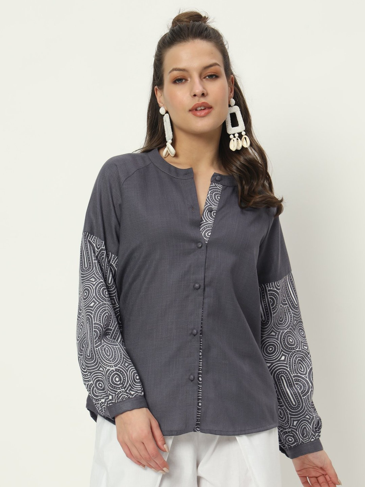 9rasa Grey Cotton Printed Shirt