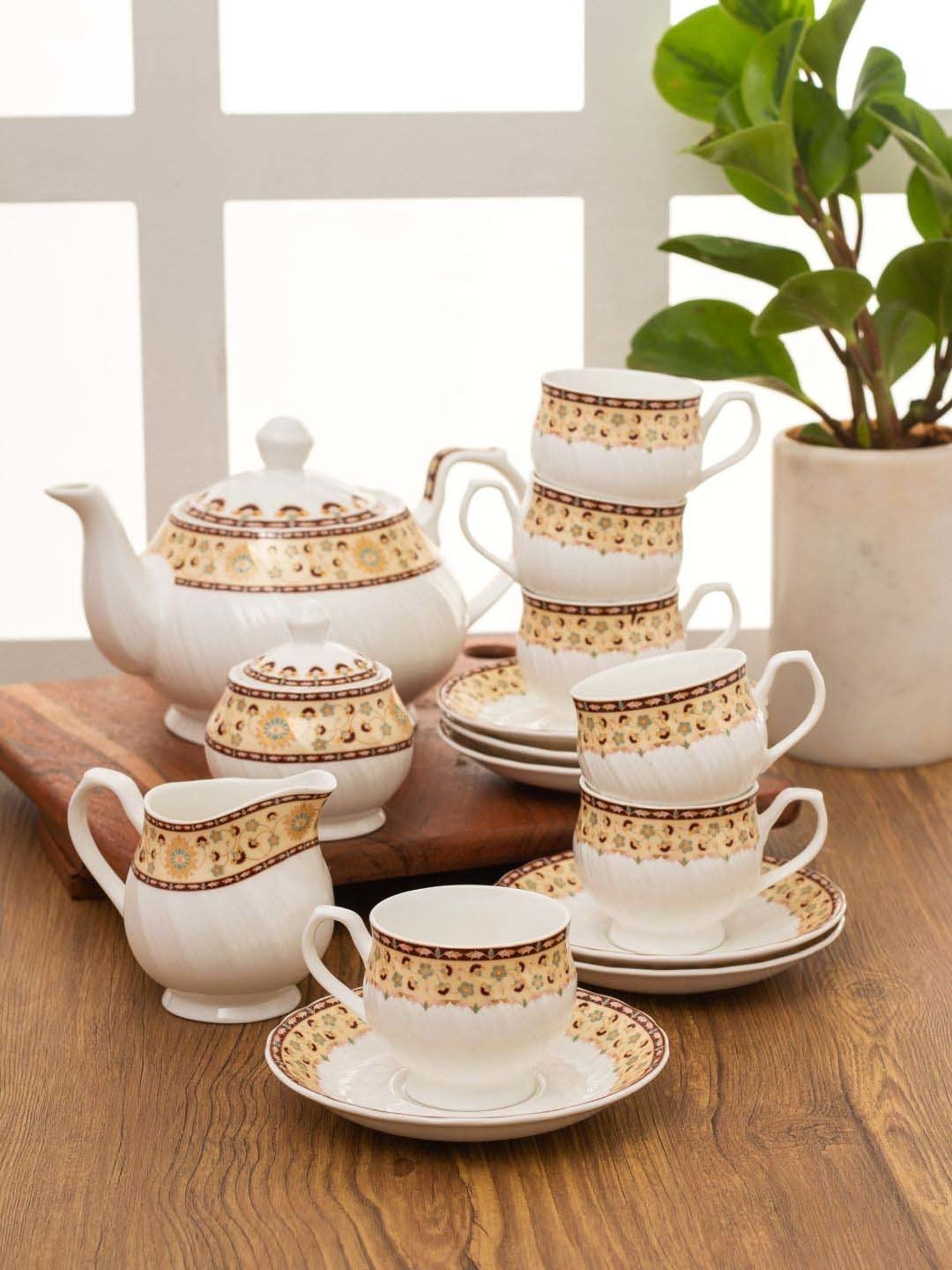 Clay Craft White & Beige Ceramic Tea Set