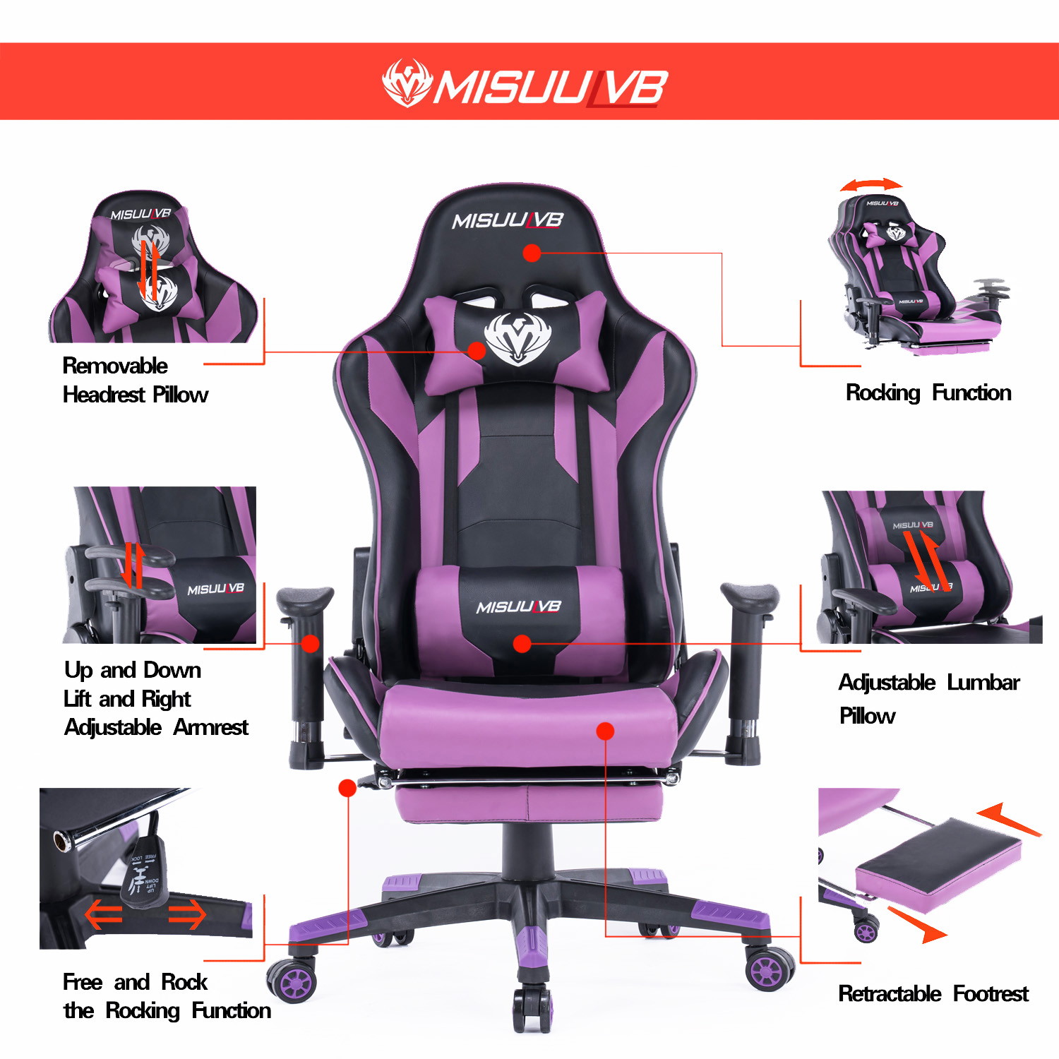 Gaming Chair, Racing Style Computer Desk Chair Padded Armrests Ergonomic Lumbar Support Adjustable Height