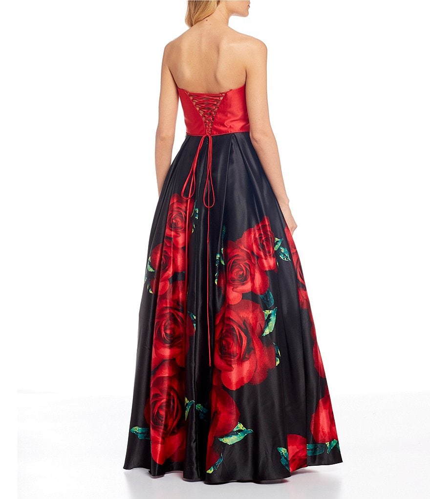 Blondie Nites Strapless Solid Bodice Lace-Up Back Floral Print Ball Gown