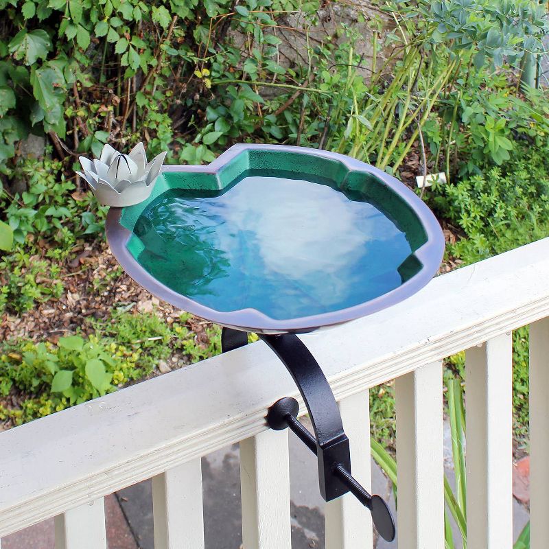 9.75" Lilypad Birdbath with White Flower and Over Rail Bracket Copper Plated Patina Finish - Achla Designs