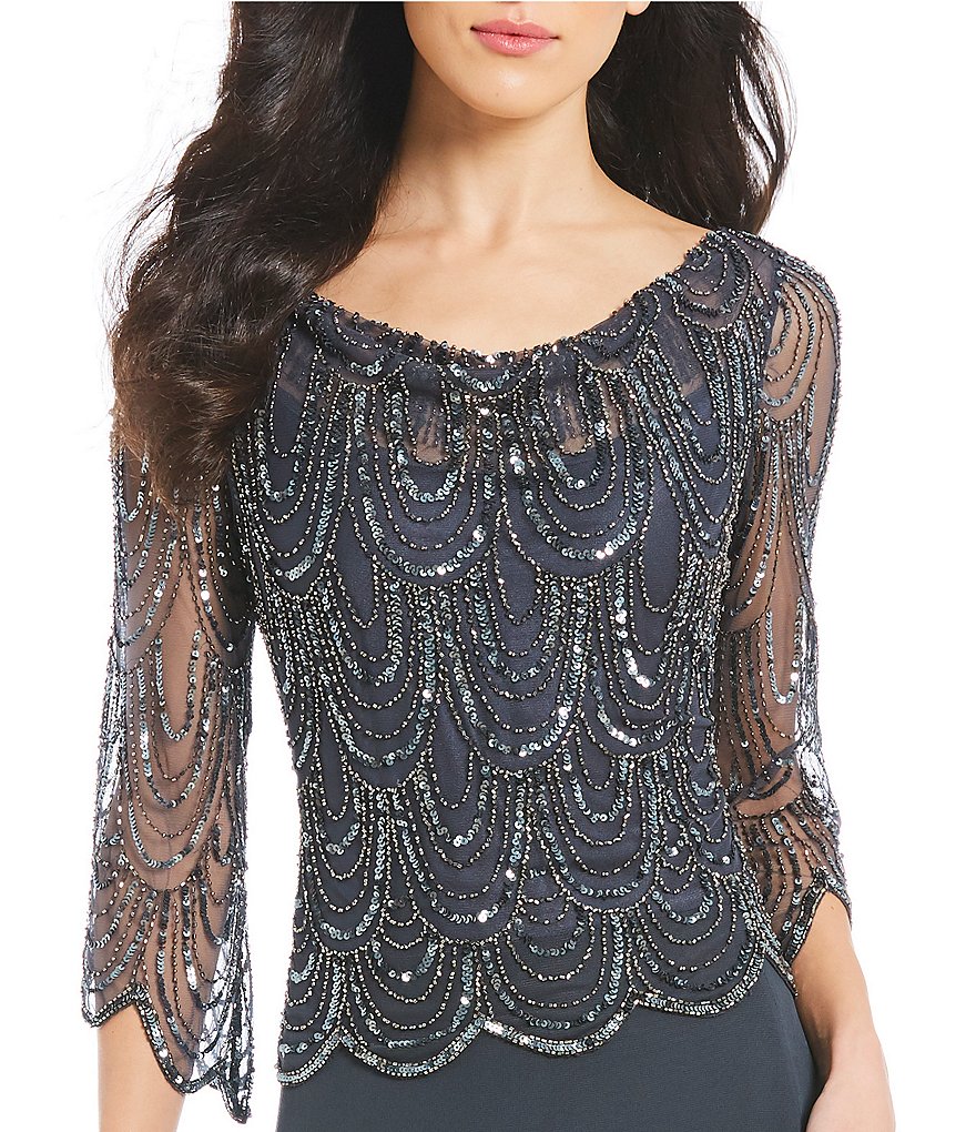 Jkara Cowl Neck Beaded Bodice Chiffon Gown