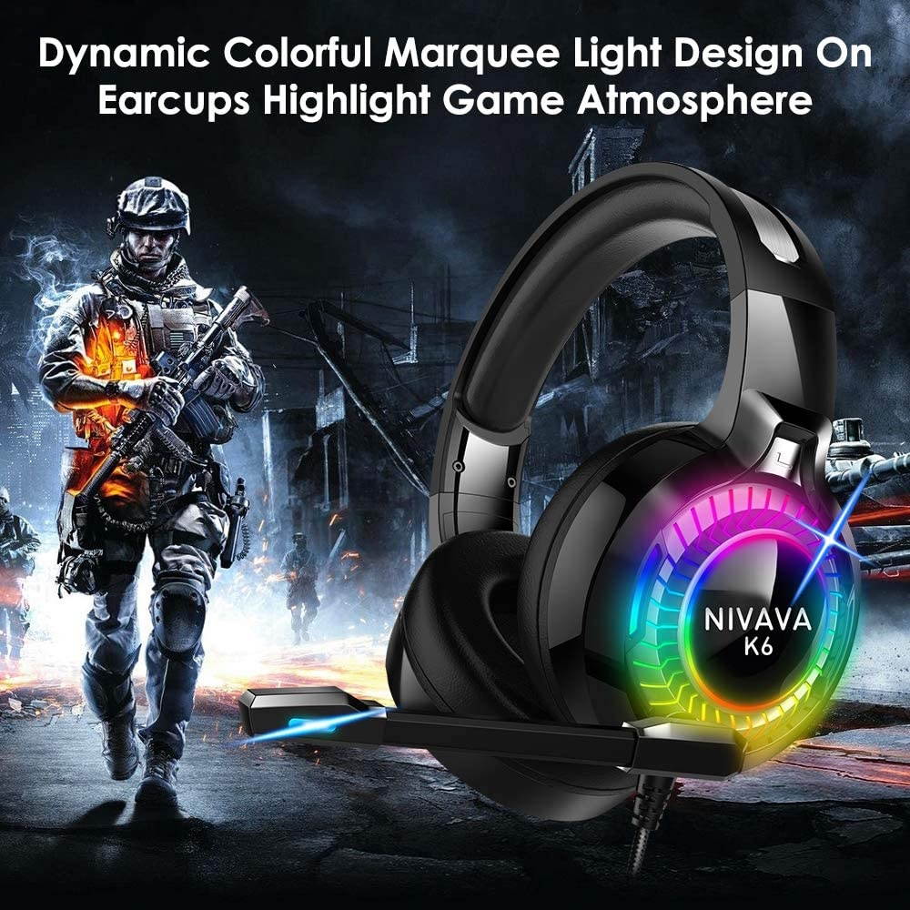 Nivava Gaming Headset for PS4, Xbox One, PC Headphones with Microphone LED Light Mic for Nintendo Switch PS5 Playstation Computer, K6