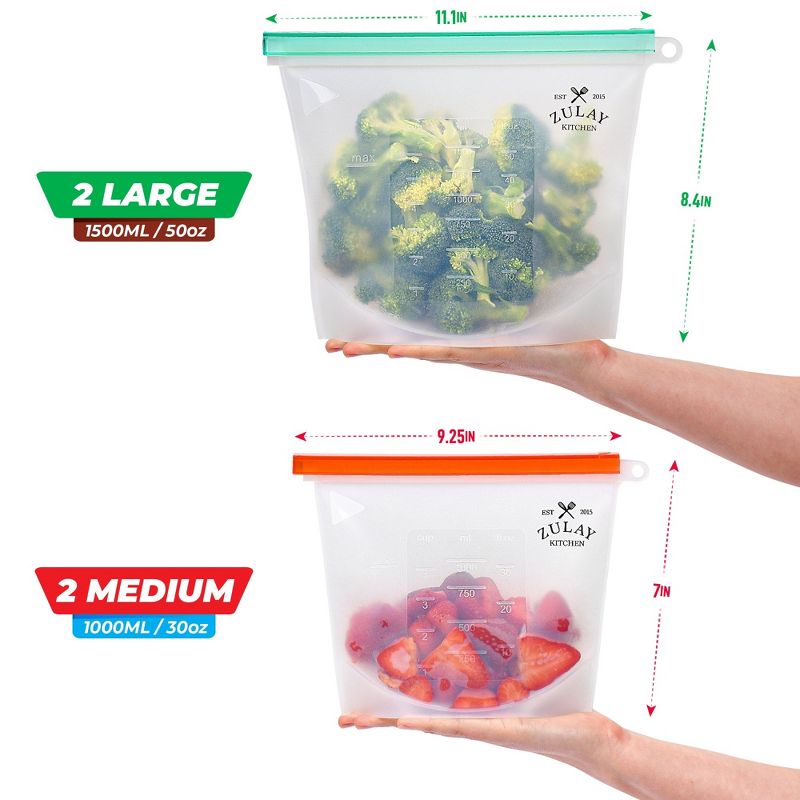 Reusable Silicone Food Storage Bags - 4-pack Food Grade Eco-Friendly Preservation Airtight Seal Bags For Storing Food Vegetables Fruits, Liquids and More