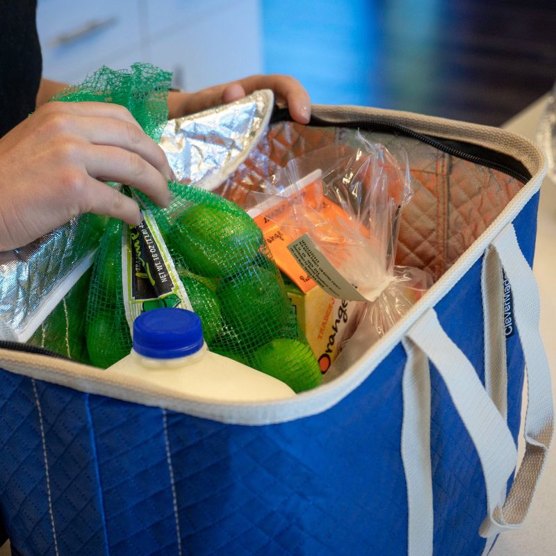 CleverMade SnapBasket Insulated Collapsible Grocery 32qt Shopping Bag Tote with Zippered Lid Navy/Cream - 3pk