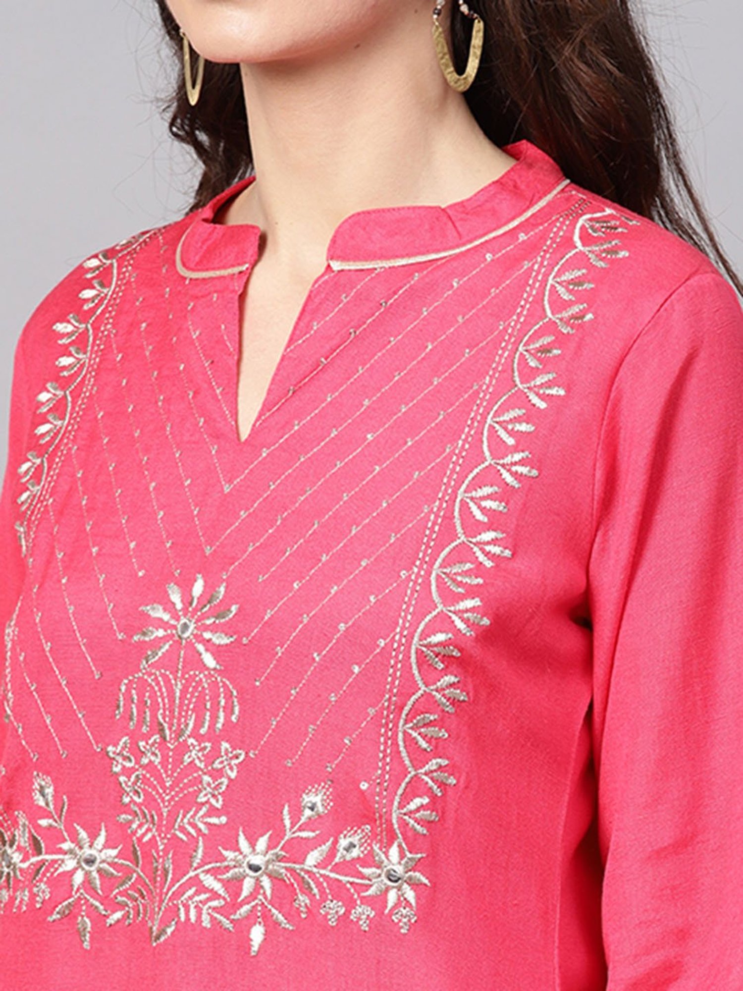 Geroo Jaipur Pink Hand Embroidered Straight Rayon Kurta