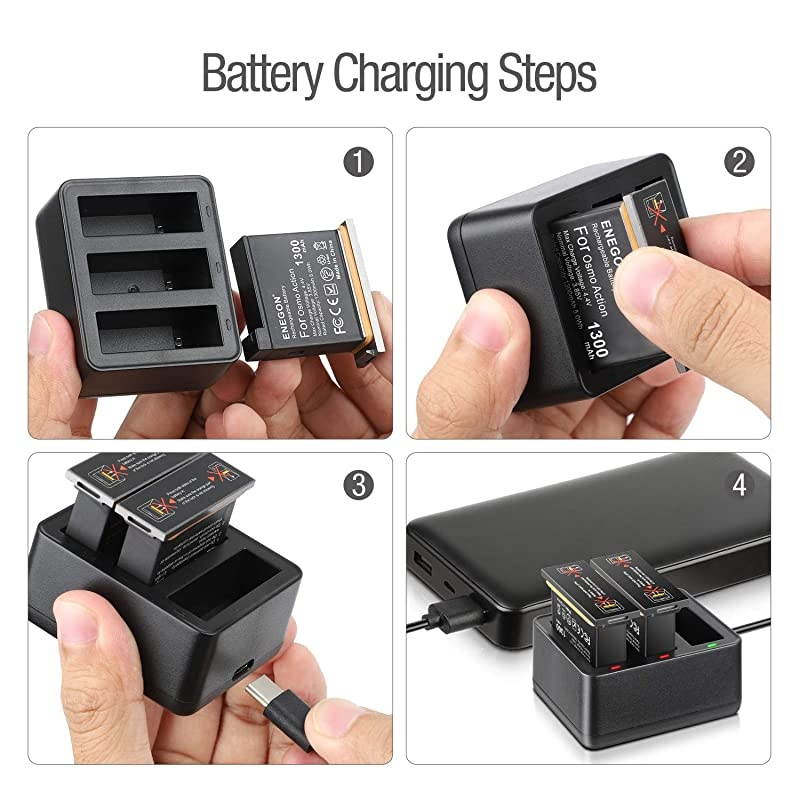 OSMO Action Battery for DJI OSMO Action 2 Pack 385V 1300 mAh + Intelligent 3Channel Rapid Charger for DJI OSMO Action Camera