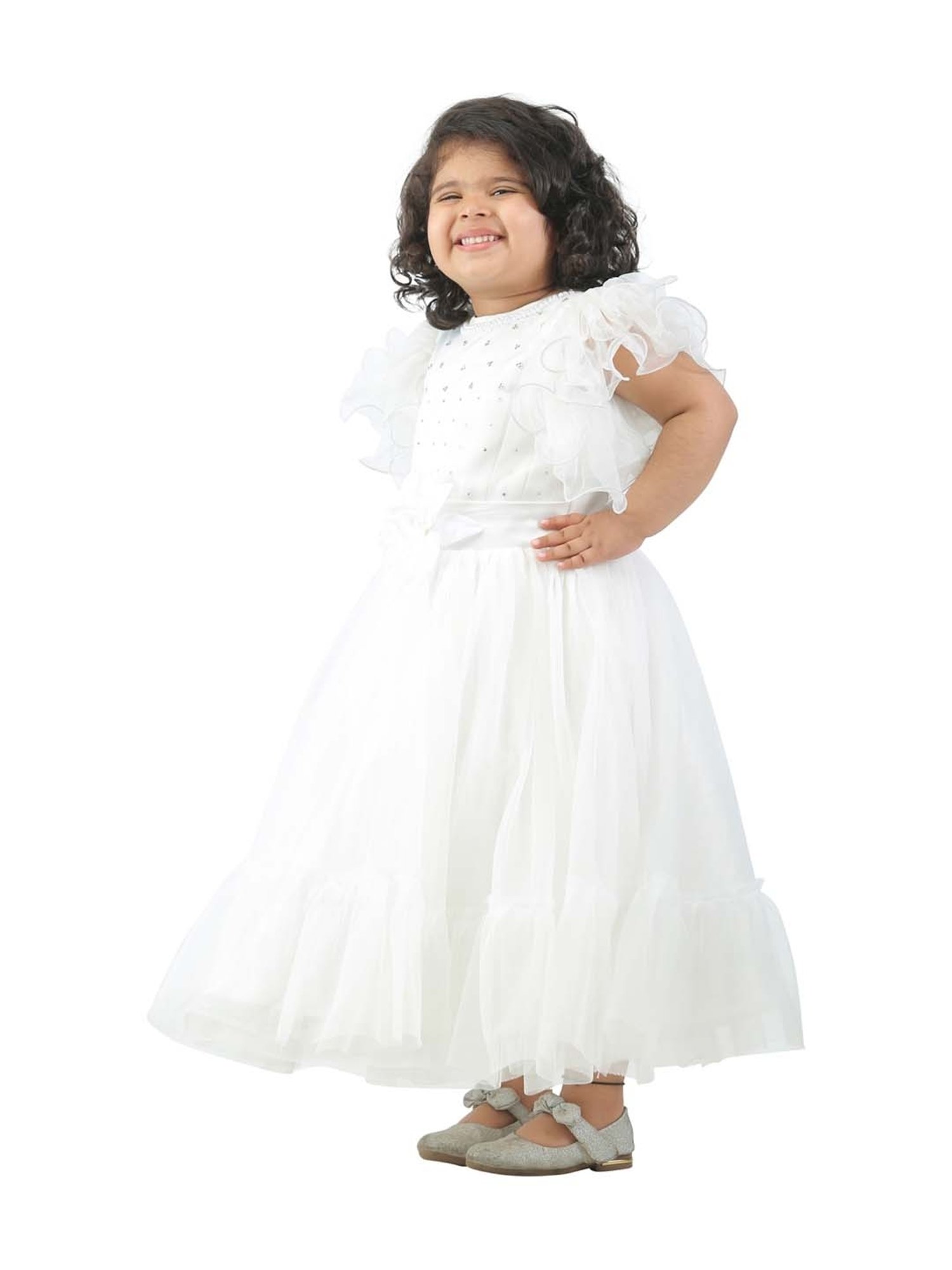 Ahhaaaa Kids White Cotton Sequence Dress