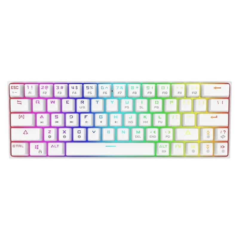 60% Keyboard with Dedicated Arrow Keys, White  DK63W Wireless Wired Mechanical Gaming Computer Keyboard True RGB Backlit Bluetooth 4.0 Programmable, N-Key Rollover for Windows Mac - Red Switch