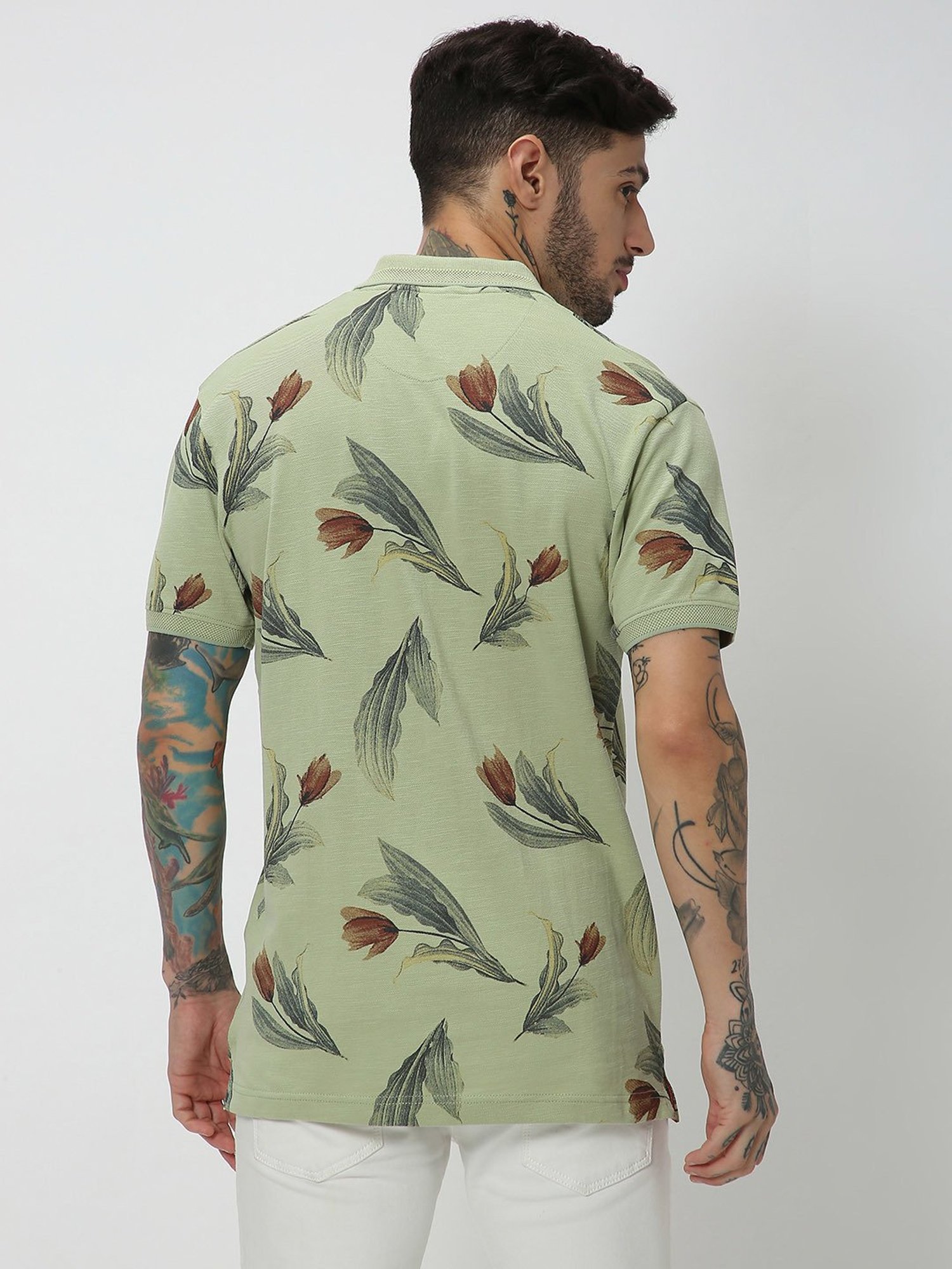 Mufti Light Olive Slim Fit Floral Print Cotton Polo T-Shirt