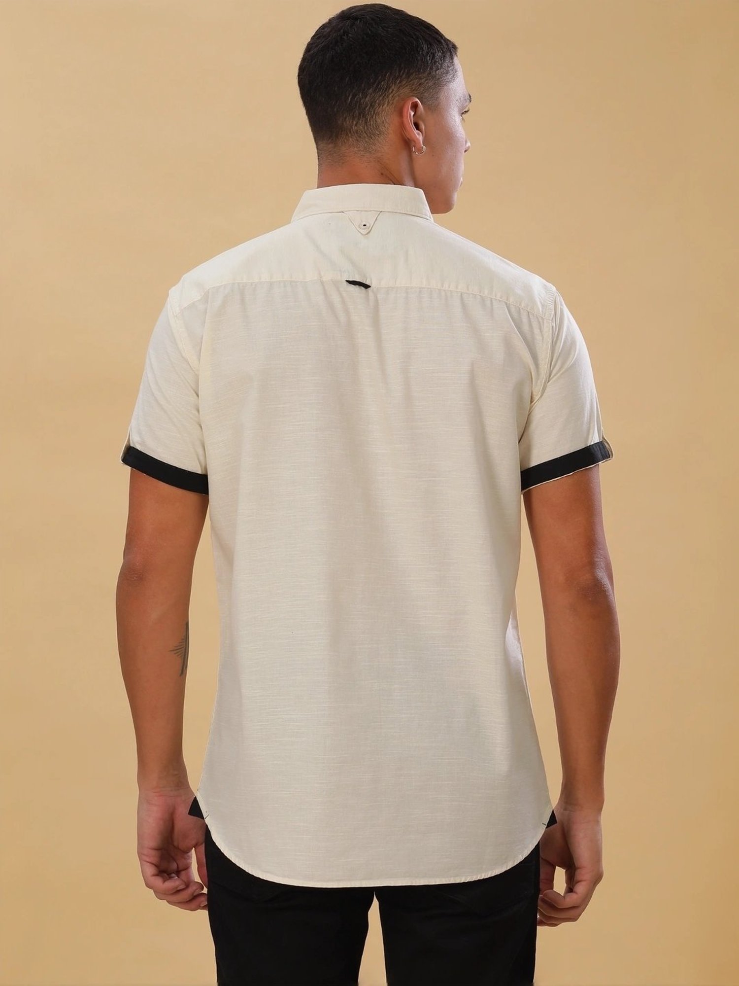 Kuons Avenue Beige Linen Slim Fit Self Pattern Shirt