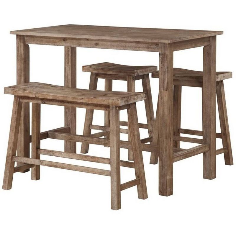 4pc Wooden Pub Table Dining Set with Saddle Stools and Bench Brown - Benzara