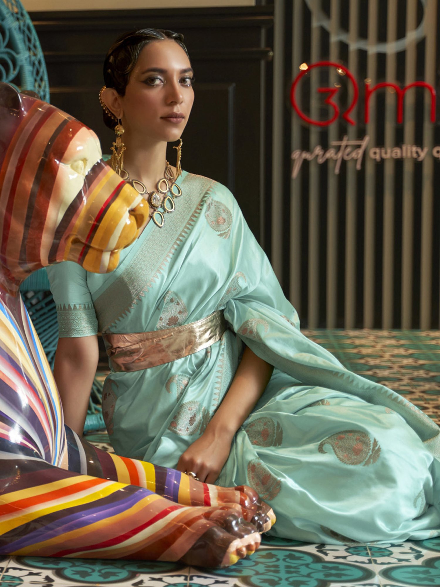 Elora Turquoise Woven Saree With Unstitched Blouse