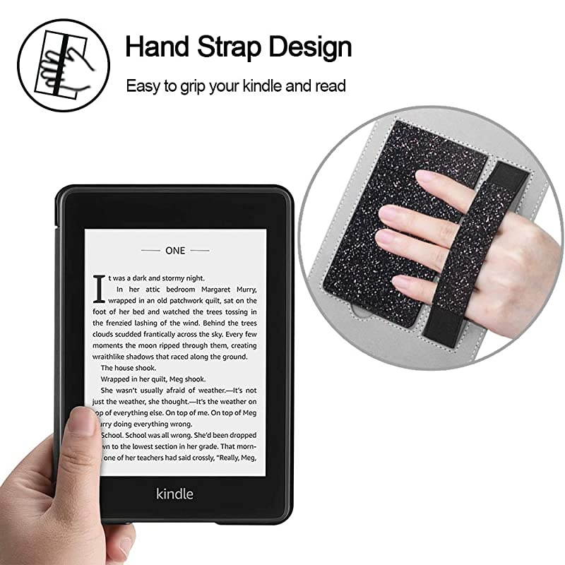 Flip Case for Kindle Paperwhite 2018 EReader 10th Generation Sparkle Cover with Hand Strap Lightweight Premium PU Leather Stand Smart Protective Sleeve with Card Slot Glitter Black