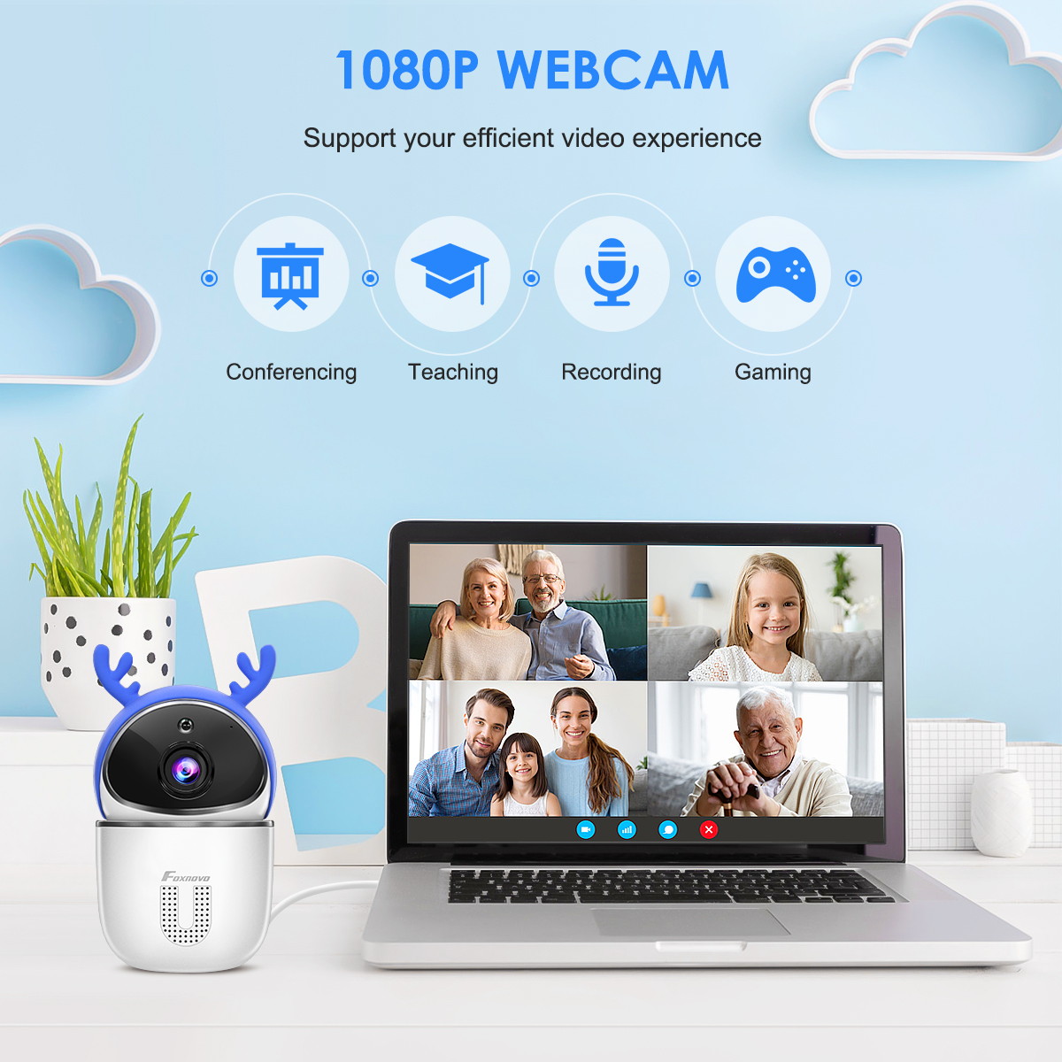 Foxnovo Intelligent Monitor Camera 2 in 1 Ultra Wi-Fi Camera Lovely Antler Wireless Detection Camera IR Night Vision Security Camera for Home Baby Pet Safety