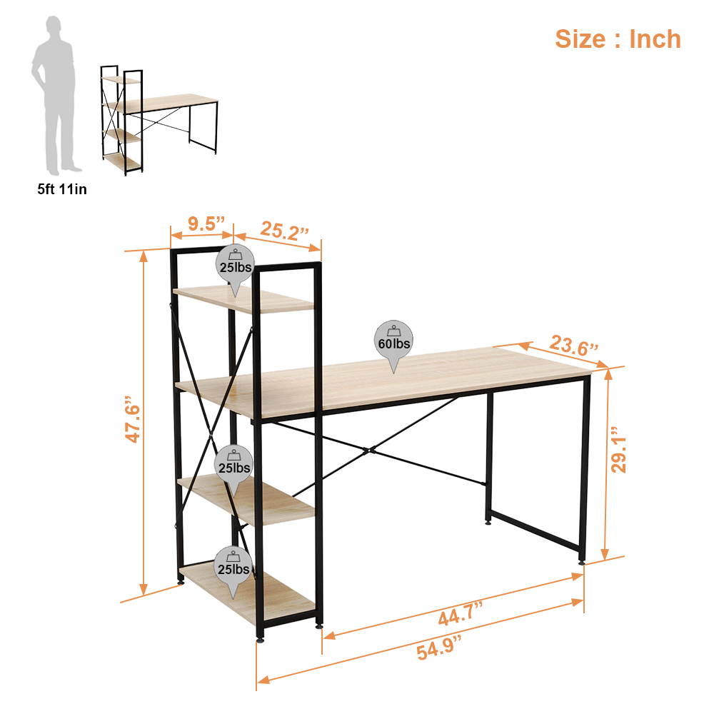 Bestier 63 Inch Computer Desk with Storage Shelves, Modern Bookshelf Desk with Headphone Hook Large Workstation Writing Desk with Reversible Bookshelves Home Office Work Table Study Desk Grey