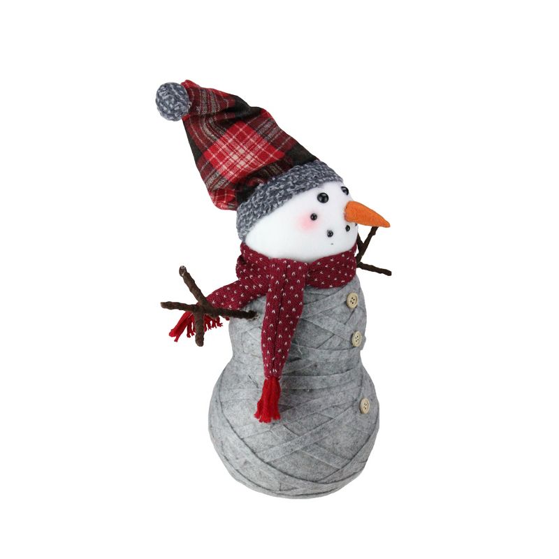 Diva At Home 18.5" Woven Style Sweater Snowman with Plaid Hat Christmas Tabletop Decoration