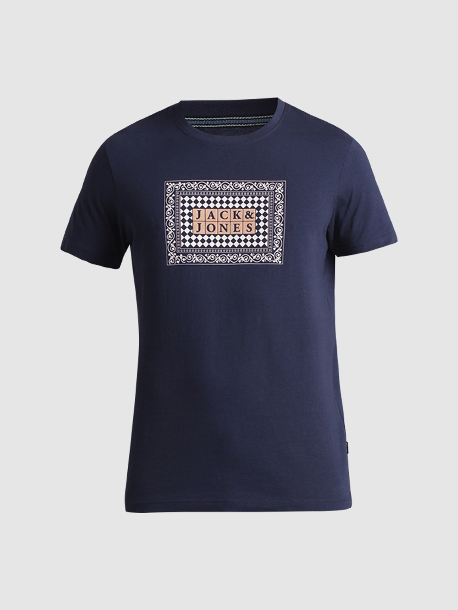 Jack & Jones Navy Blue Cotton Slim Fit Printed T-Shirt