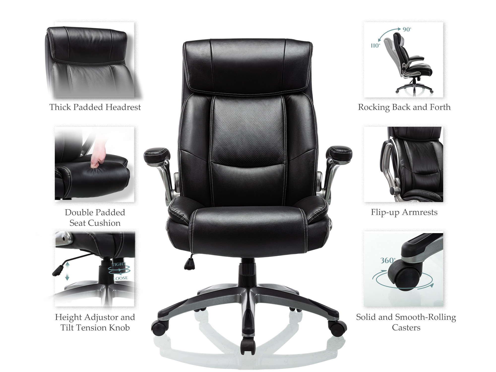 Height Adjustable High Back Computer Office Chair - Flip-Up Armrest Thick Padded Seat and Back Support, Swivel Bonded Leather Executive Task Chair