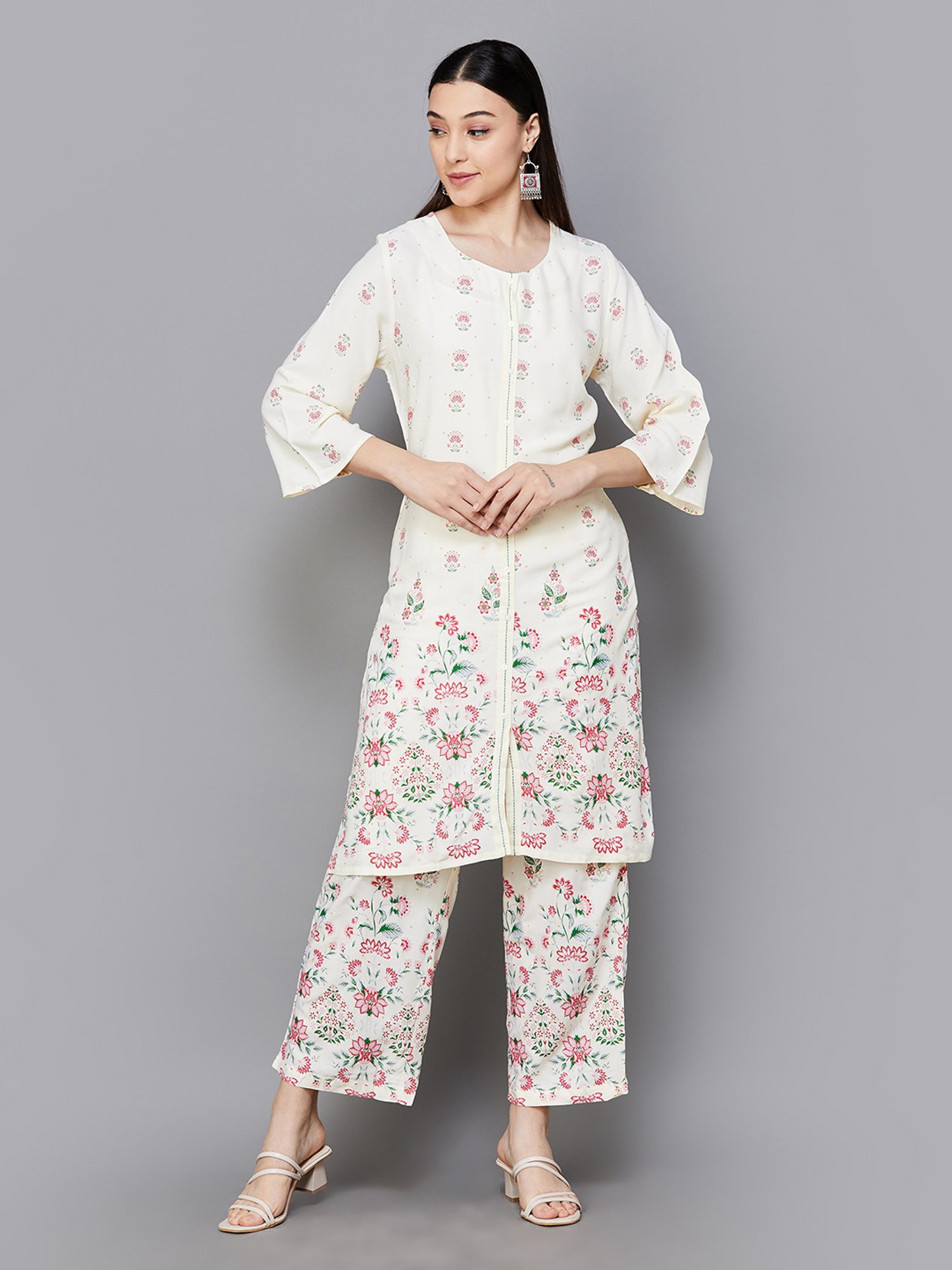 Melange by Lifestyle Off White & Pink Floral Print Kurta With Trousers